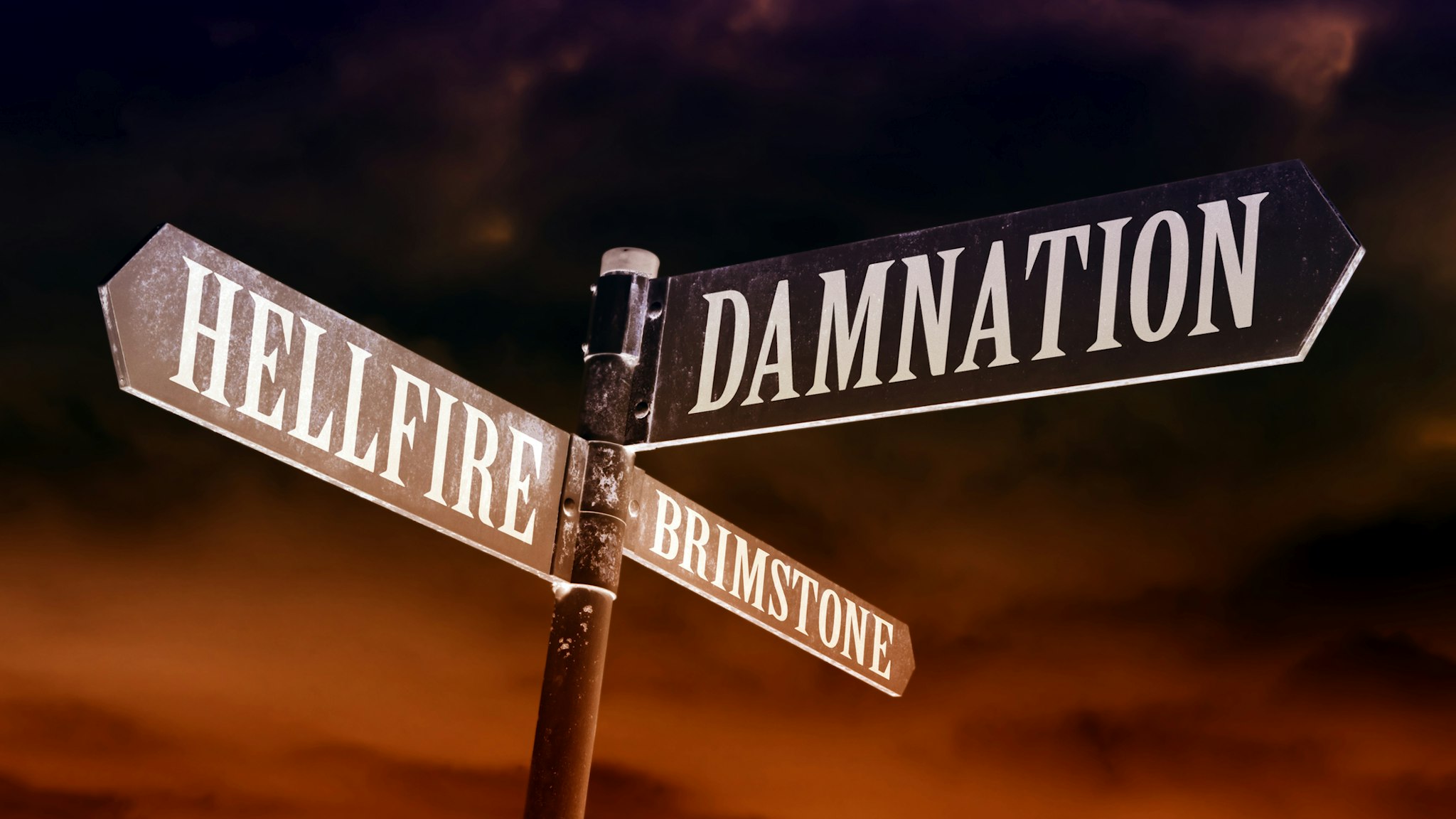 Hellfire, brimstone and damnation directions - stock photo