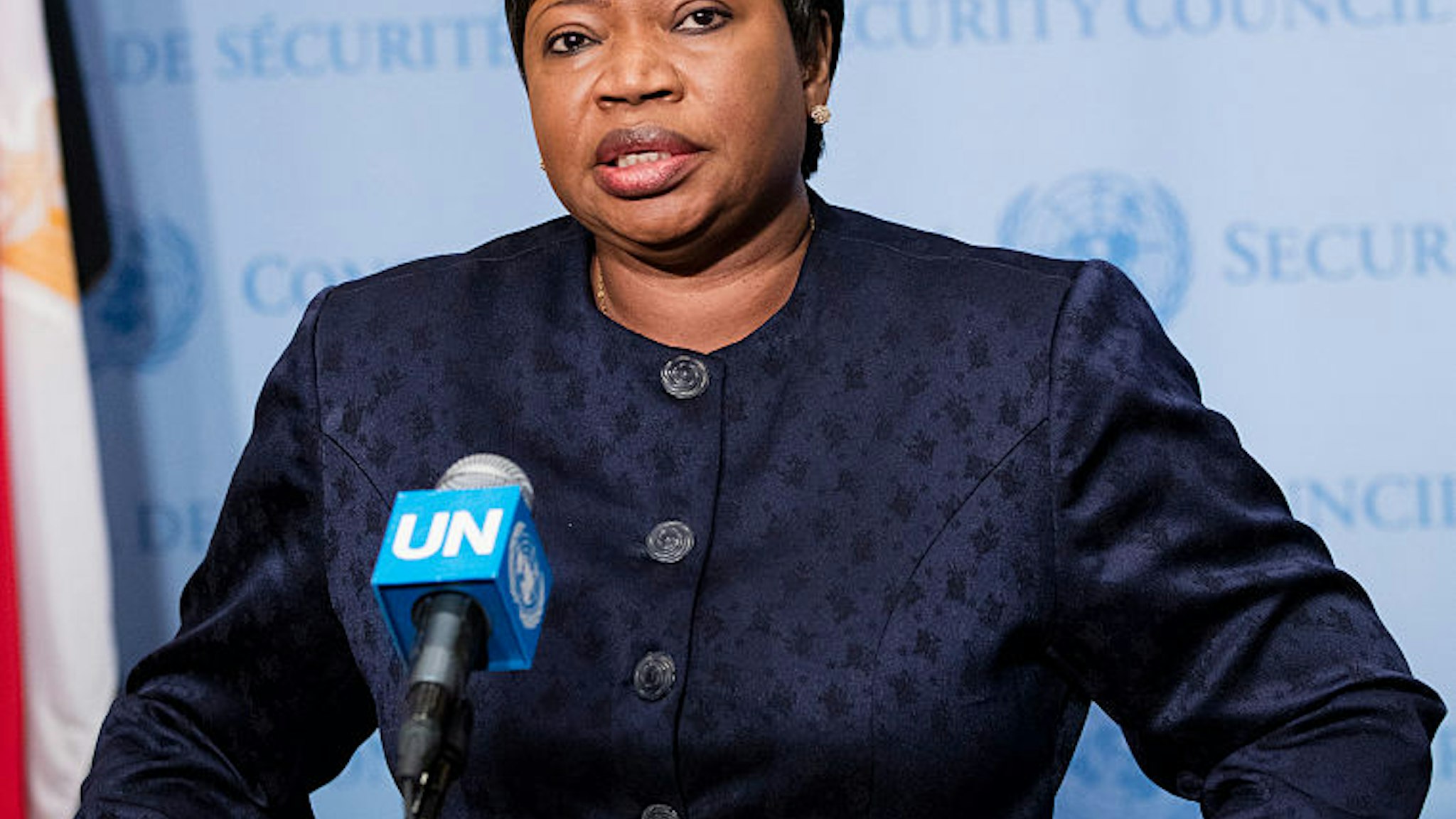 UNITED NATIONS, NEW YORK, NY, UNITED STATES - 2016/05/26: Fatou Bensouda, Prosecutor of the International Criminal Court (ICC), speaks to journalists after briefing the Security Council at its meeting on the situation in Libya today at the UN Headquarters in New York.