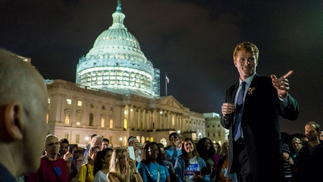 Rep. Joe Kennedy III (D-MA) speaks to supporters of House Democrats taking part in a sit-in on the House Chamber outside the U.S. Capitol on June 23, 2016 in Washington, DC.