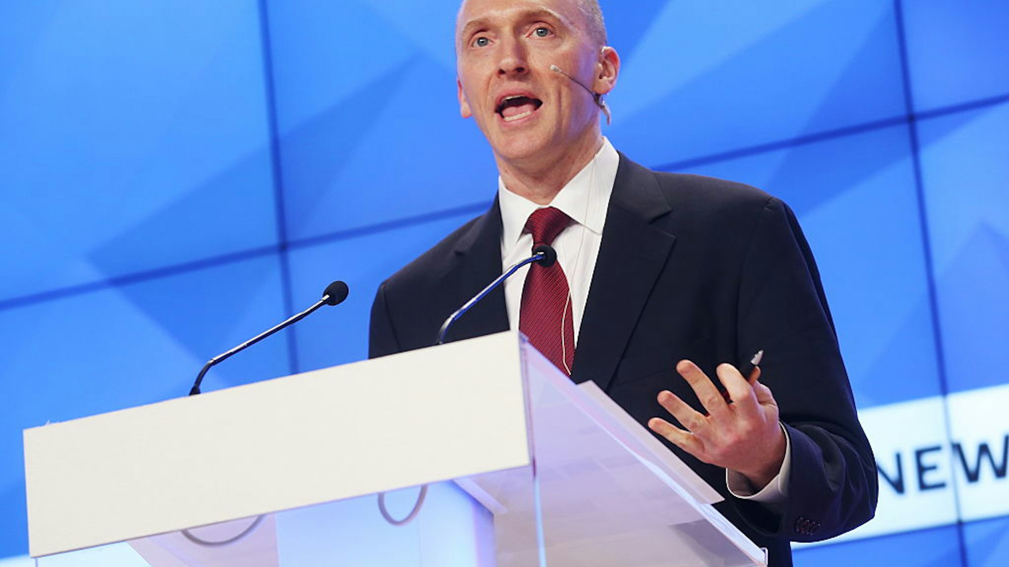 Carter Page, Global Energy Capital LLC Managing Partner and a former foreign policy adviser to U.S. President-Elect Donald Trump, makes a presentation titled " Departing from Hypocrisy: Potential Strategies in the Era of Global Economic Stagnation, Security Threats and Fake News" during his visit to Moscow.
