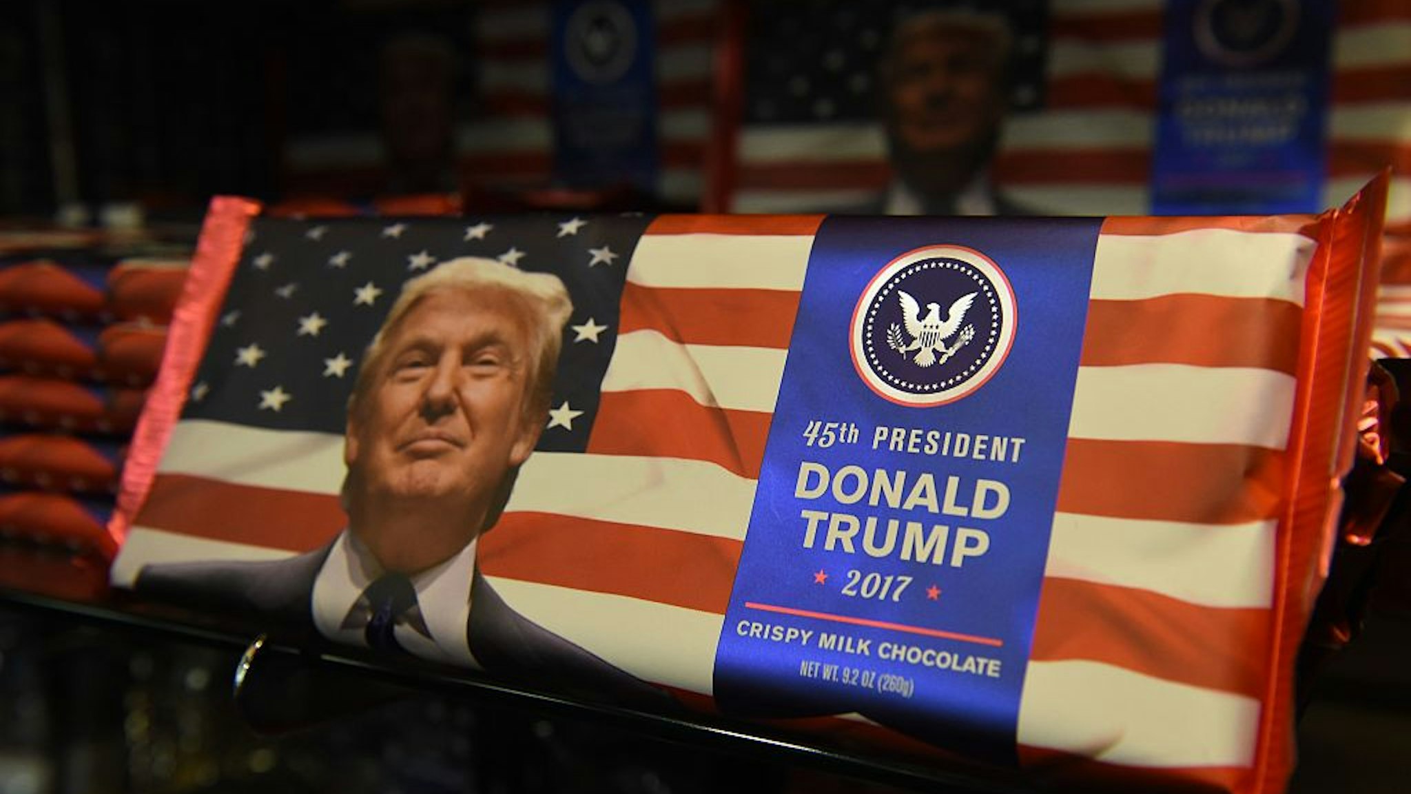 Donald Trump chocolate bars are for sale in a Washington, DC gift shop one day ahead of the inauguration of the US President-elect, January 19, 2017.