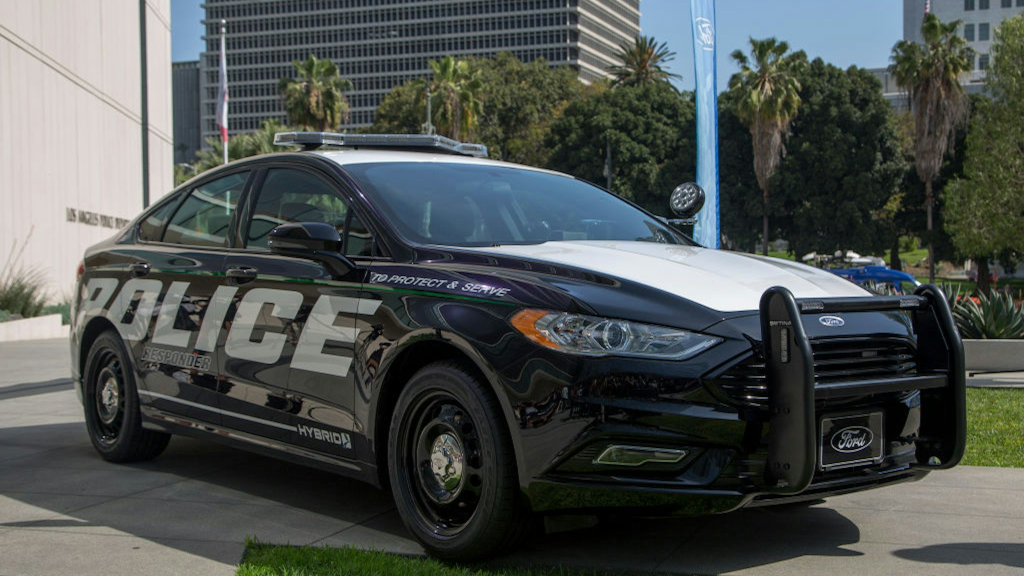 A hybrid police car is seen at the unveiling of two new Ford Fusion hybrid pursuit-rated Police Responder cars at Los Angeles Police Department headquarters on April 10, 2017 in Los Angeles, California.