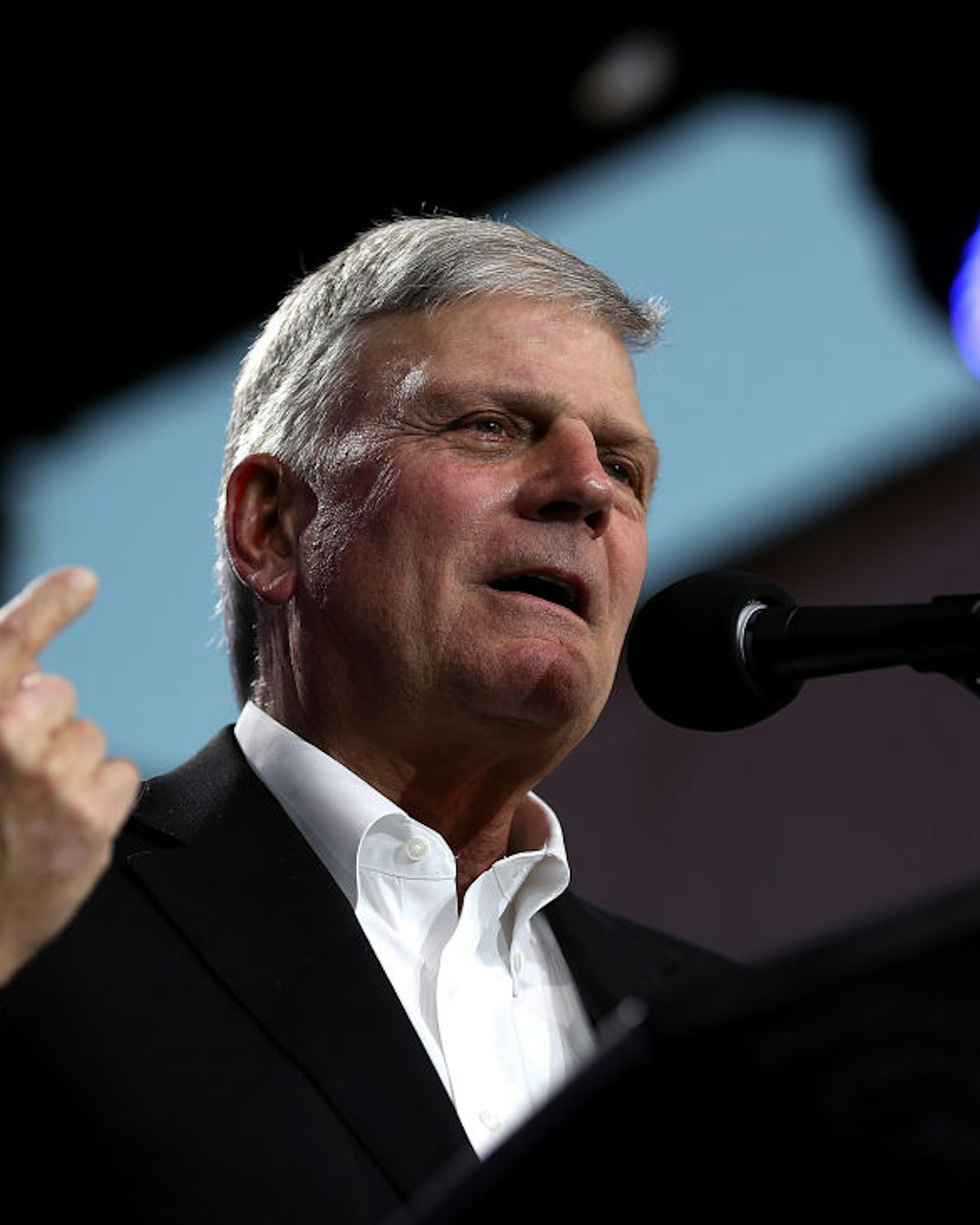 Rev. Franklin Graham speaks during Franklin Graham's "Decision America" California tour at the Stanislaus County Fairgrounds on May 29, 2018 in Turlock, California.
