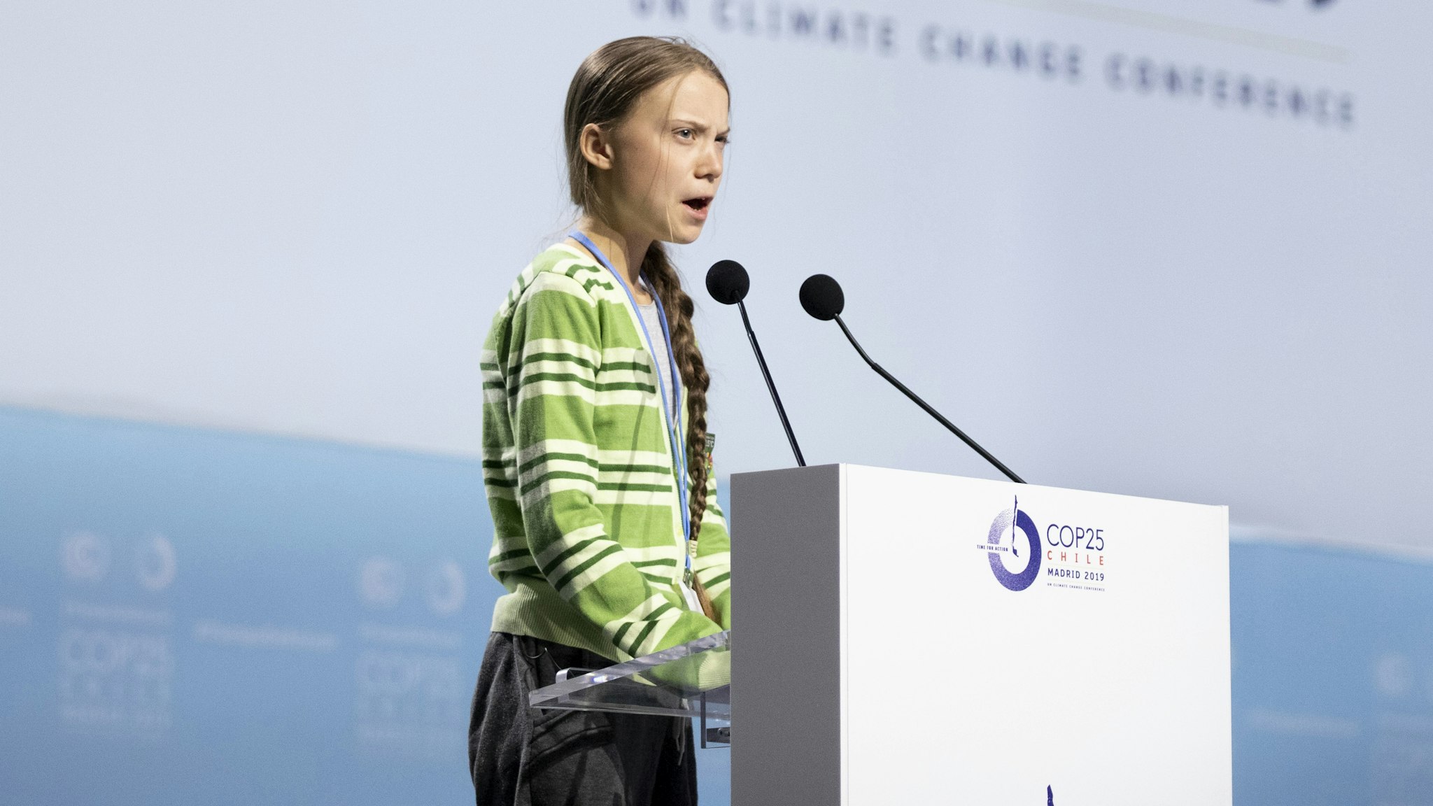 MADRID, SPAIN - DECEMBER 11: Swedish environment activist Greta Thunberg gives a speech at the plenary session during the COP25 Climate Conference on December 11, 2019 in Madrid, Spain. The COP25 conference brings together world leaders, climate activists, NGOs, indigenous people and others for two weeks in an effort to focus global policy makers on concrete steps for heading off a further rise in global temperatures.