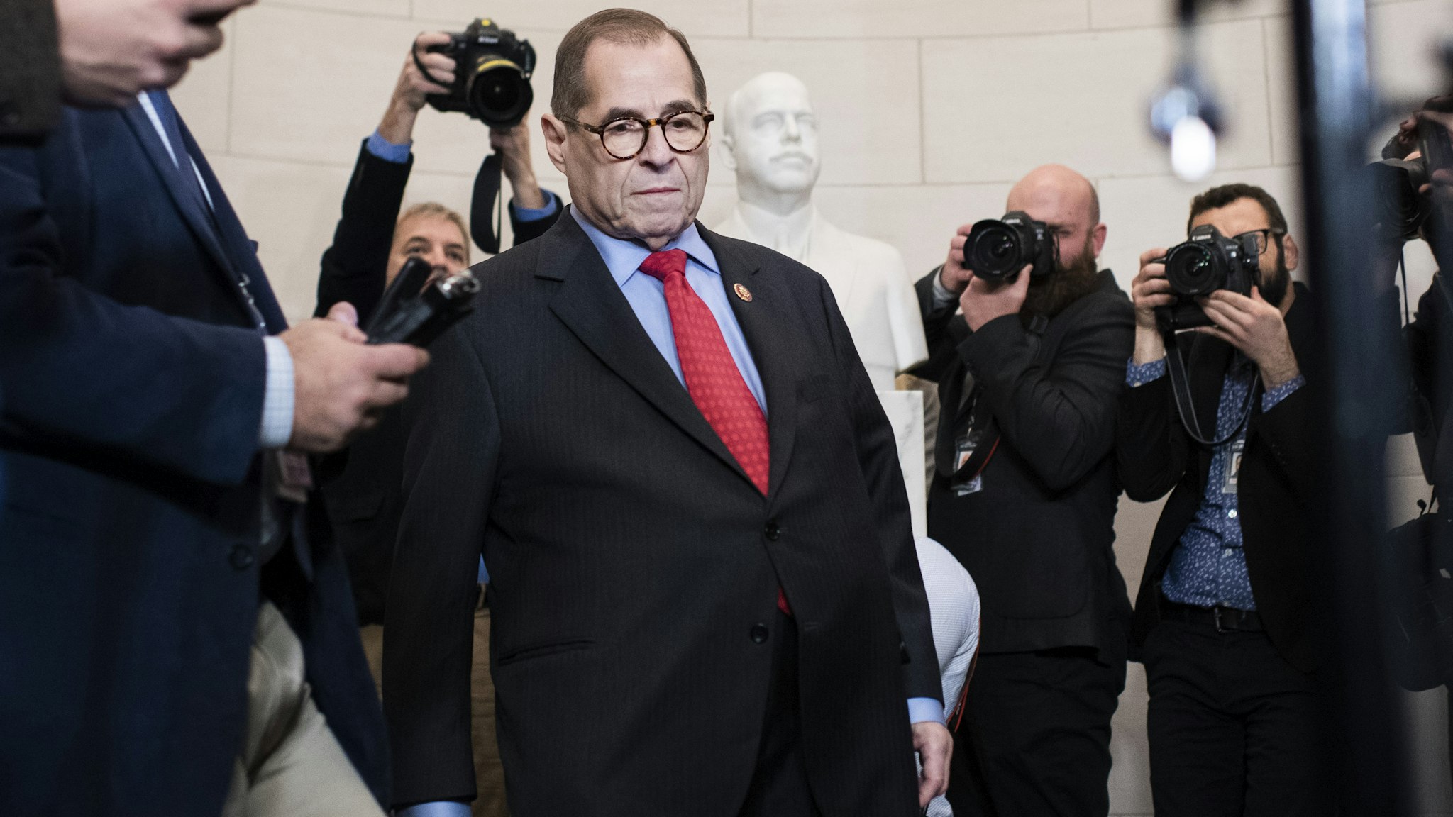 UNITED STATES - DECEMBER 13: Chairman Jerrold Nadler, D-N.Y., prepares to address the media after the House Judiciary Committee passed two articles of impeachment against President Donald J. Trump on Friday, December 13, 2019.