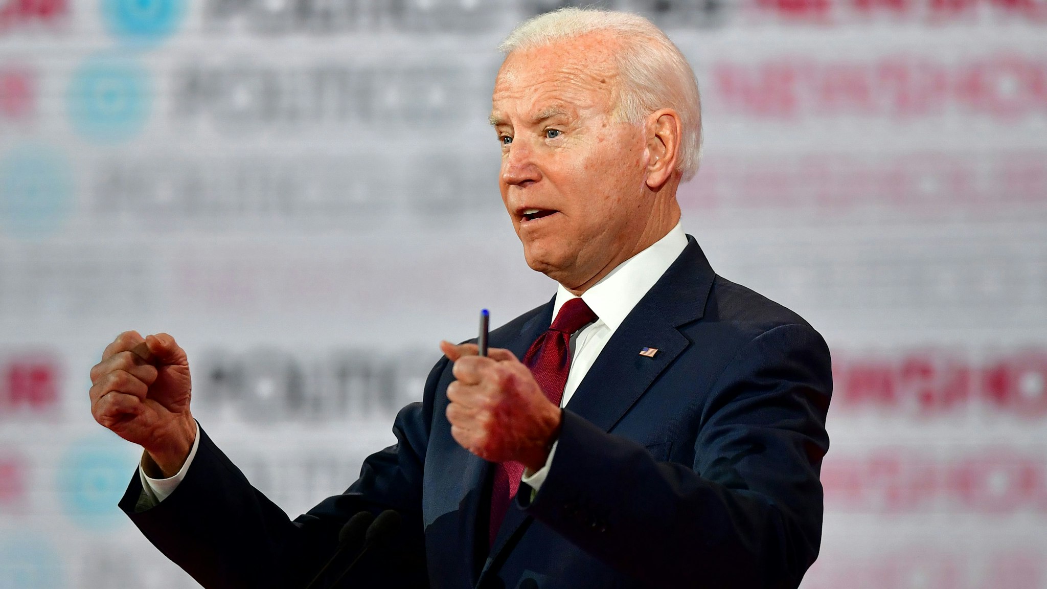 Democratic presidential hopeful former Vice President Joe Biden participates of the sixth Democratic primary debate of the 2020 presidential campaign season co-hosted by PBS NewsHour &amp; Politico at Loyola Marymount University in Los Angeles, California on December 19, 2019.