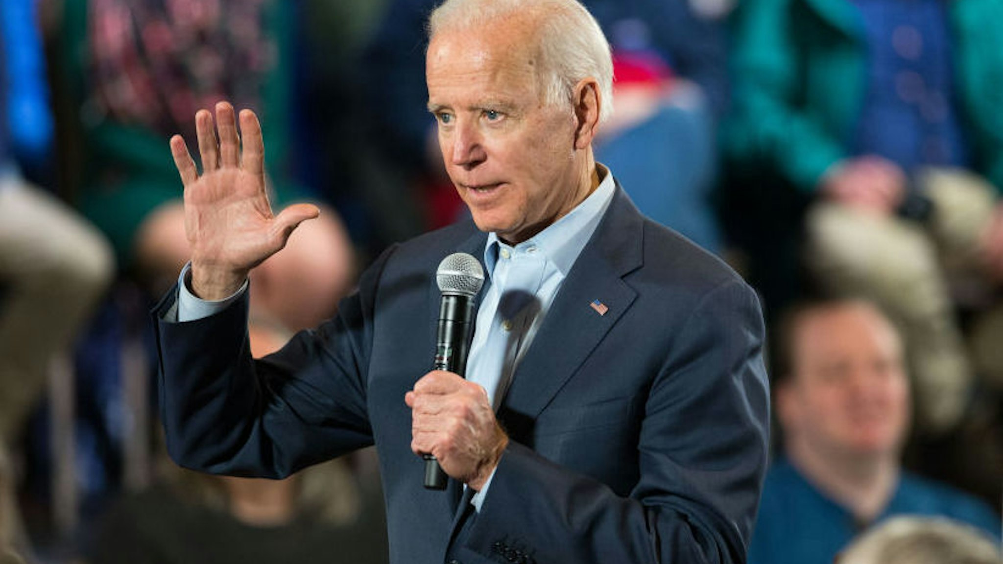 DERRY , NH - DECEMBER 30: Democratic presidential candidate, former Vice President Joe Biden speaks during a campaign Town Hall on December 30, 2019 in Derry, New Hampshire. The 2020 Iowa Democratic caucuses will take place on February 3, 2020, making it the first nominating contest for the Democratic Party in choosing their presidential candidate to face Donald Trump in the 2020 election.