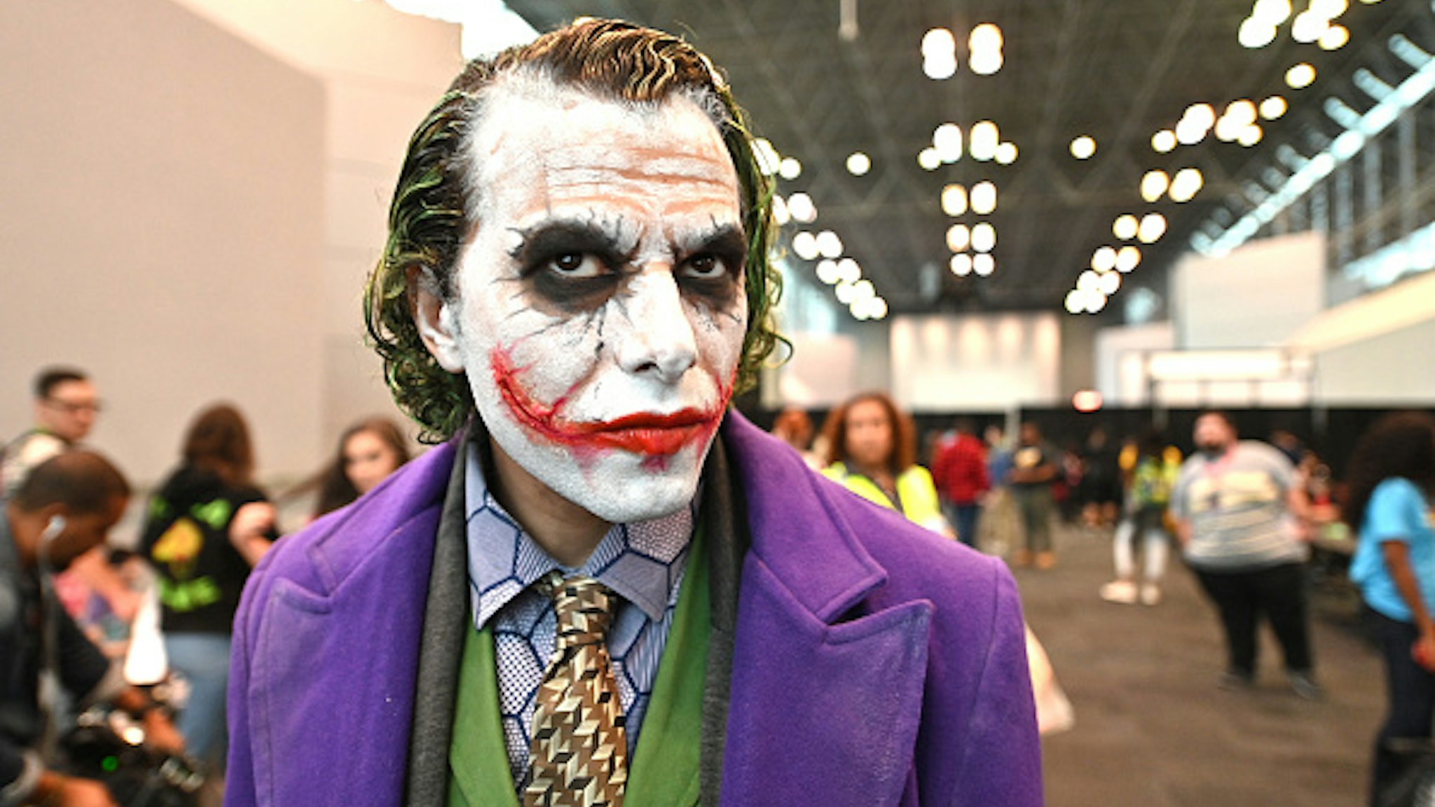 NEW YORK, NEW YORK - OCTOBER 03: A cosplayer dressed as The Joker attends the New York Comic Con at Jacob K. Javits Convention Center on October 03, 2019 in New York City.