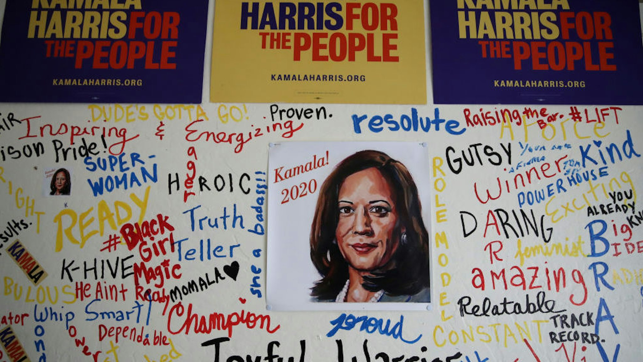 A picture of democratic presidential candidate U.S. Sen. Kamala Harris (D-CA) is displayed on a wall inside of her Oakland campaign office on December 03, 2019 in Oakland, California. Democratic presidential candidate U.S. Sen. Kamala Harris announced today that she is dropping out of the 2020 presidential race citing financial difficulties. (Photo by Justin Sullivan/Getty Images)