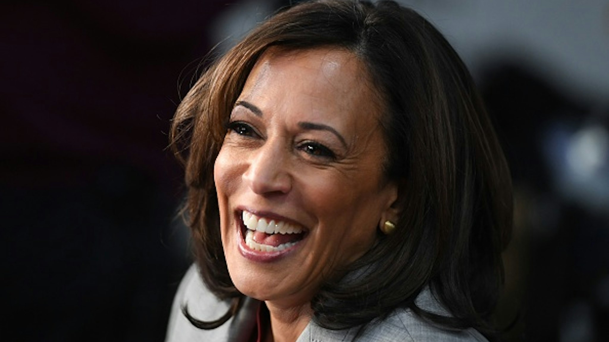 Democratic presidential hopeful California Senator Kamala Harris speaks to the press in the Spin Room after participating in the fifth Democratic primary debate of the 2020 presidential campaign season co-hosted by MSNBC and The Washington Post at Tyler Perry Studios in Atlanta, Georgia on November 20, 2019.