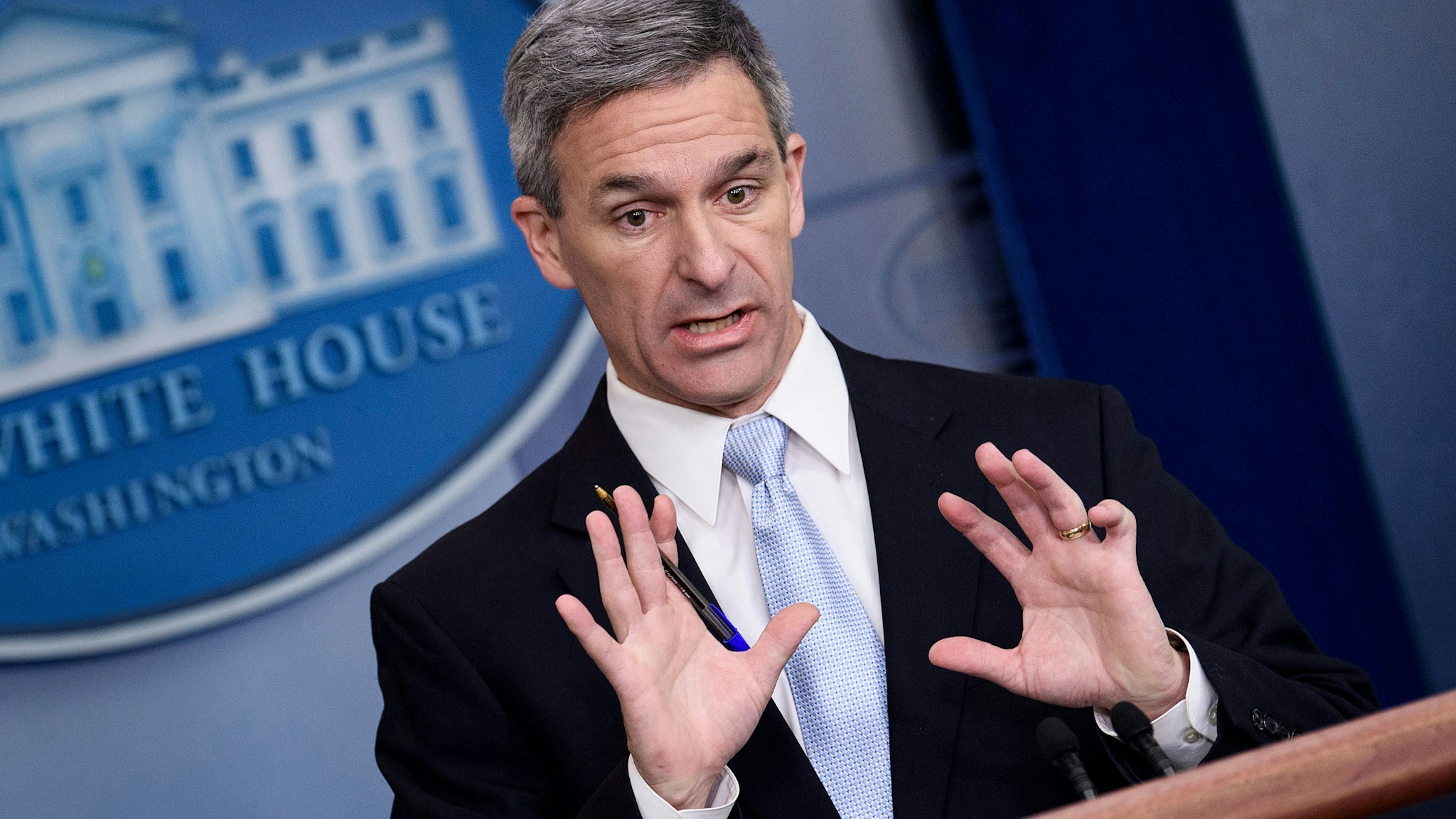 Acting Director of the US Citizenship and Immigration Services Ken Cuccinelli speaks during a briefing at the White House August 12, 2019, in Washington, DC. - The administration of US President Donald Trump announced Monday new rules that aim to deny permanent residency and citizenship benefits to migrants who receive food stamps, Medicaid and other public welfare.Announcing a new definition of the longstanding "public charge" law, the White House said migrants will be blocked from entering the country if they are likely to need public assistance, and those already here will not be able to obtain green cards or US citizenship.