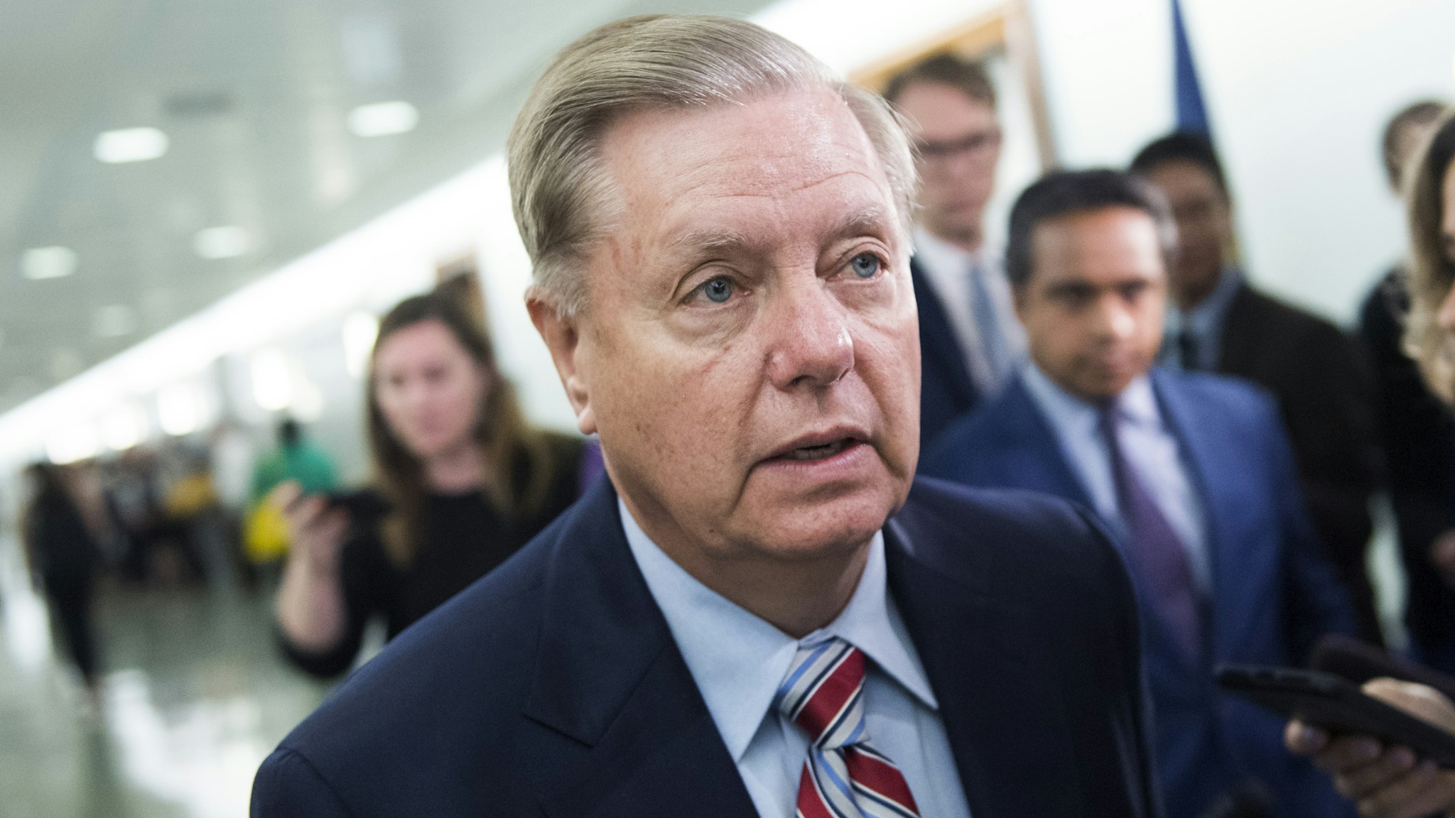 UNITED STATES - JULY 23: Chairman Lindsey Graham, R-S.C., arrives for the Senate Judiciary Committee hearing in Dirksen Building titled "Oversight of the Federal Bureau of Investigation," on Tuesday, JuLY 23, 2019. FBI Director Christopher Wray, testified.