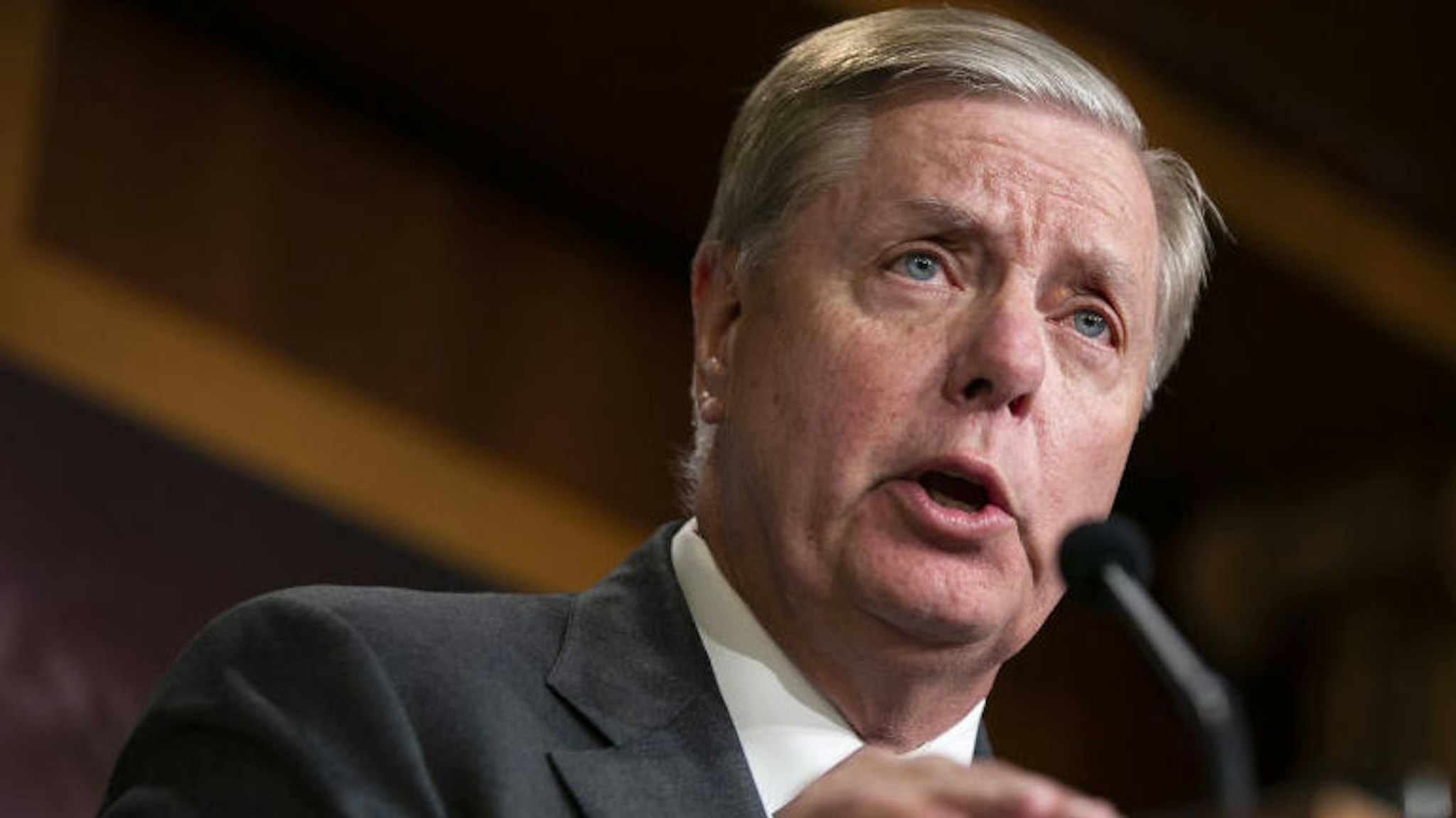 Senator Lindsey Graham, a Republican from South Carolina, speaks during a news conference on Capitol Hill in Washington, D.C., U.S., on Thursday, Oct. 24, 2019. Graham introduced a resolution with Senate Majority Leader Mitch McConnell that condemns the "closed door, illegitimate" impeachment inquiry led by House Democrats.
