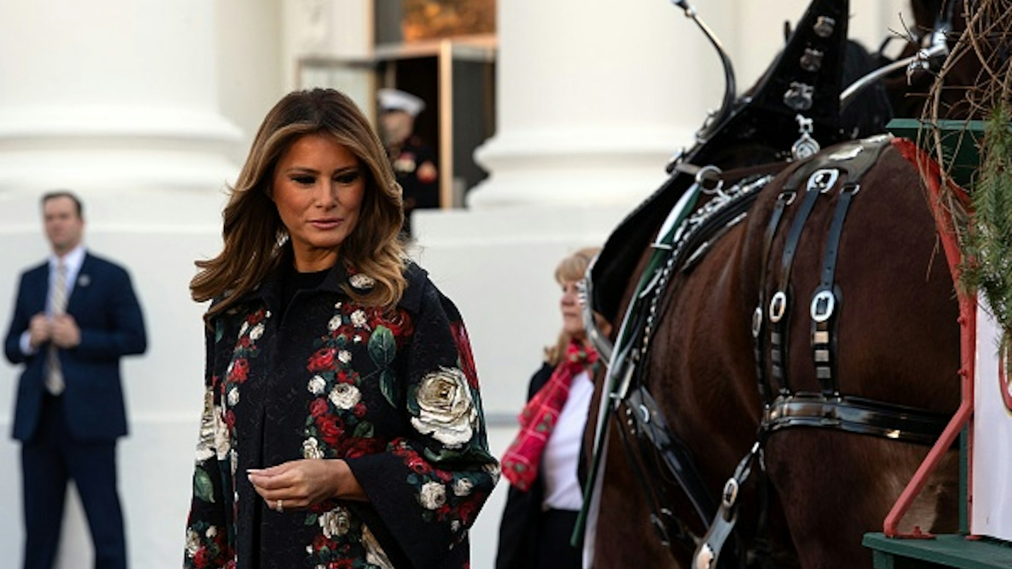 US First Lady Melania Trump receives the White House Christmas tree at the White House in Washington, DC, on November 25, 2019.