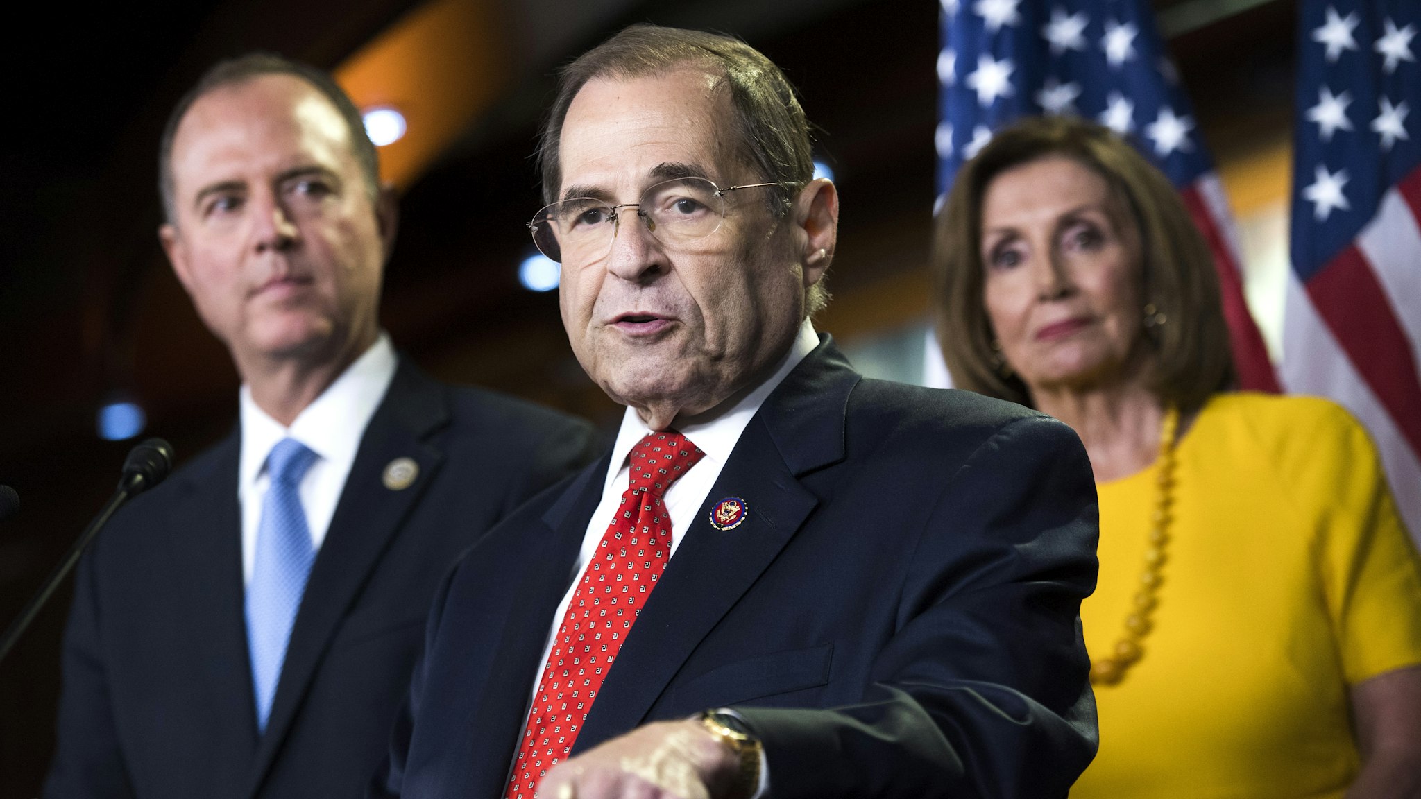 UNITED STATES - JULY 24: From left, House Intelligence Committee Chairman Adam Schiff, D-Calf., Judiciary Chairman Jerrold Nadler, D-N.Y., and Speaker Nancy Pelosi, D-Calif., conduct a news conference on the testimony of former special counsel Robert Mueller on his investigation into Russian interference in the 2016 election on Wednesday, July 24, 2019.