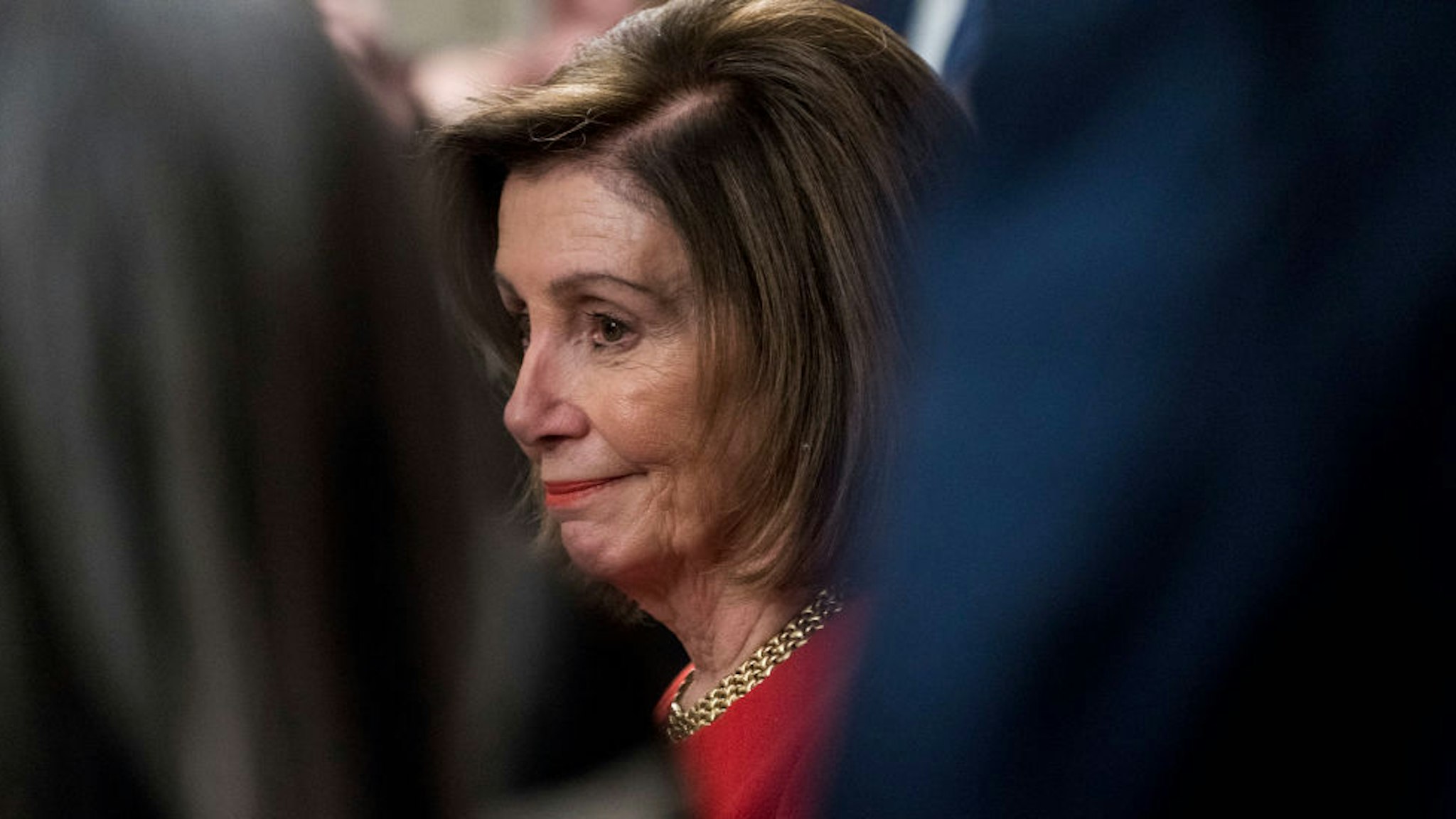 House Speaker Nancy Pelosi, (D-CA) listens during a press conference with House Democrats held to highlight the legislative accomplishments of the year on December 19, 2019 in Washington, DC. (Photo by Sarah Silbiger/Getty Images)