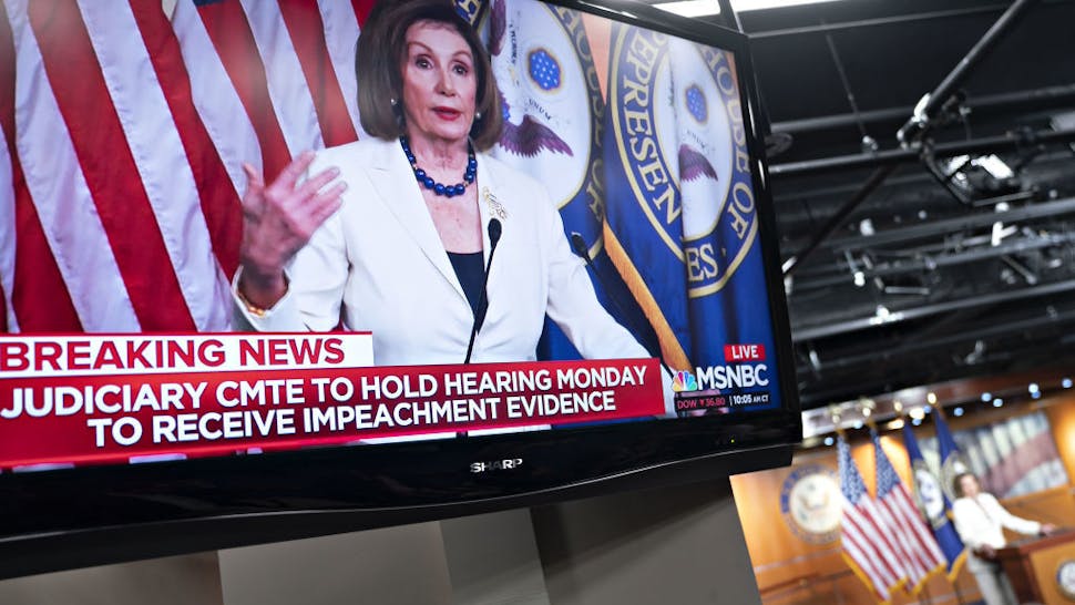 Nancy Pelosi U.S. House Speaker Nancy Pelosi, a Democrat from California, is seen speaking on a television during a news conference on Capitol Hill in Washington, D.C., U.S., on Thursday, Dec. 5, 2019. Pelosi said today that President Donald Trump's actions are a "profound violation of the public trust" and she is asking Representative Jerry Nadler to proceed with drafting articles of impeachment. Photographer: Andrew Harrer/Bloomberg