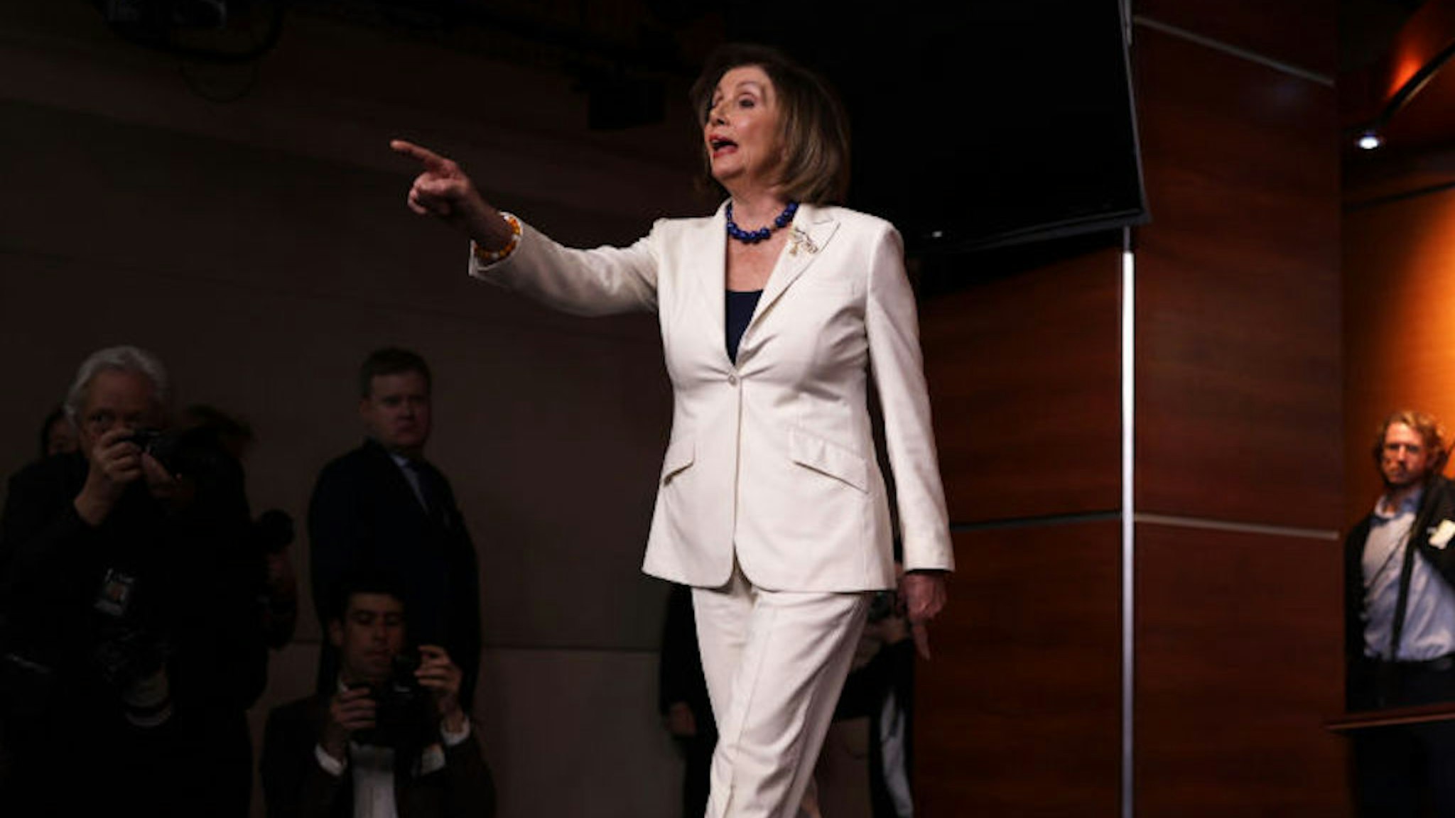 WASHINGTON, DC - DECEMBER 05: U.S. Speaker of the House Rep. Nancy Pelosi (D-CA) reacts to a reporter‚Äôs question about whether she hates President Donald Trump during her weekly news conference December 5, 2019 on Capitol Hill in Washington, DC. Speaker Pelosi discussed the impeachment inquiry against President Donald Trump.