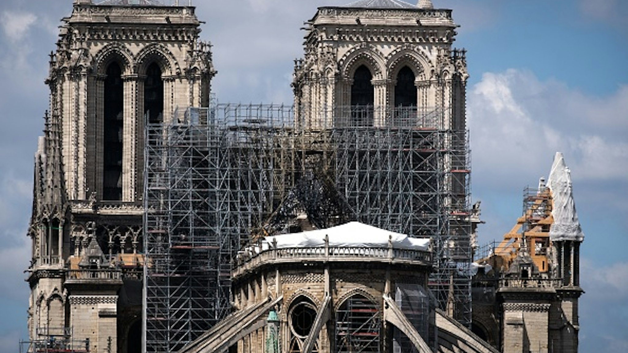 A picture shows Notre Dame de Paris Cathedral, on May 12, 2019, as construction work is ongoing to secure the site that was badly damaged by a huge fire last April.