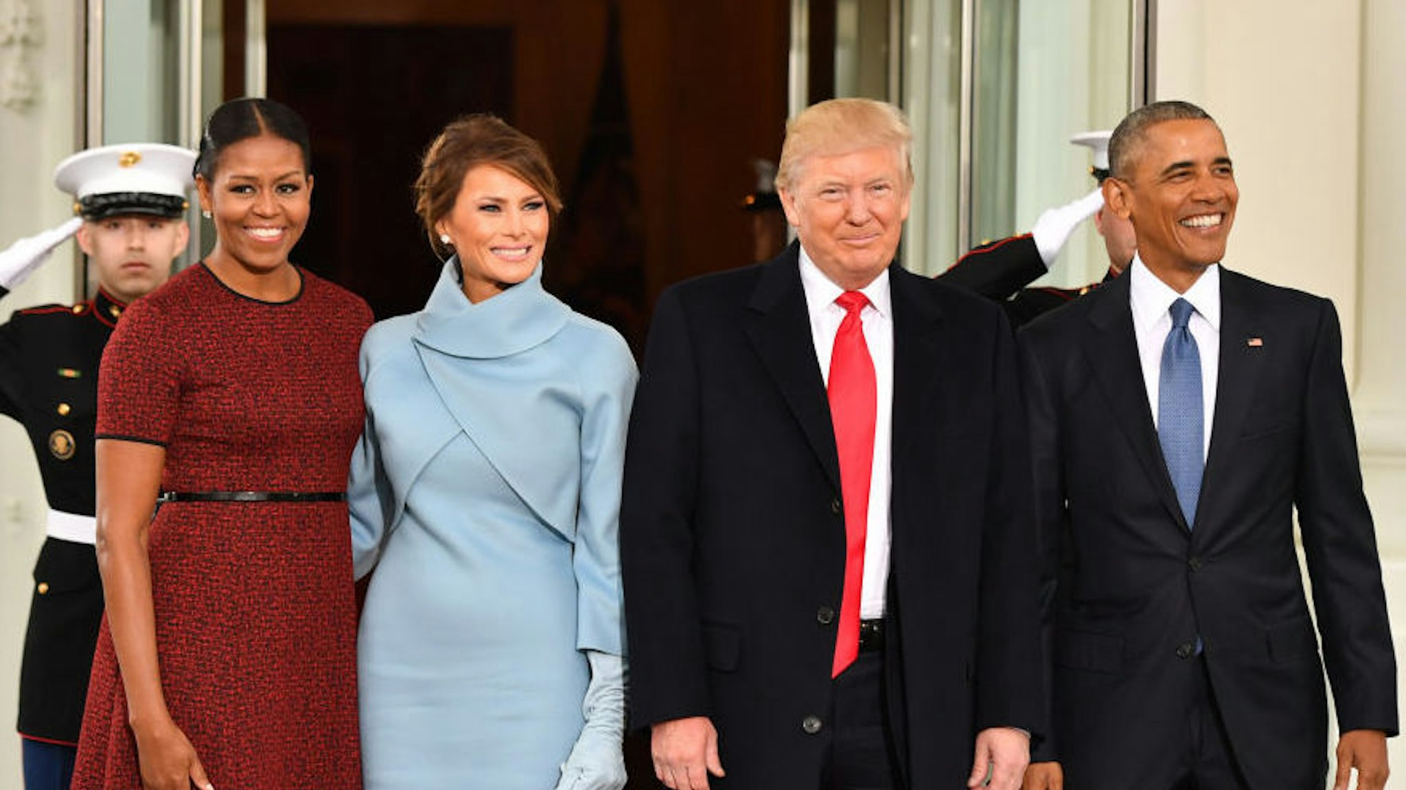 FILE: U.S. President Barack Obama, from right, U.S. President-elect Donald Trump, U.S. First Lady-elect Melania Trump, and U.S. First Lady Michelle Obama stand for a photograph outside of the White House ahead of the 58th presidential inauguration in Washington, D.C., U.S., on Friday, Jan. 20, 2017. Sunday, January 20, 2019, marks the second anniversary of U.S. President Donald Trump's inauguration. Our editors select the best archive images looking back over Trump’s second year in office.
