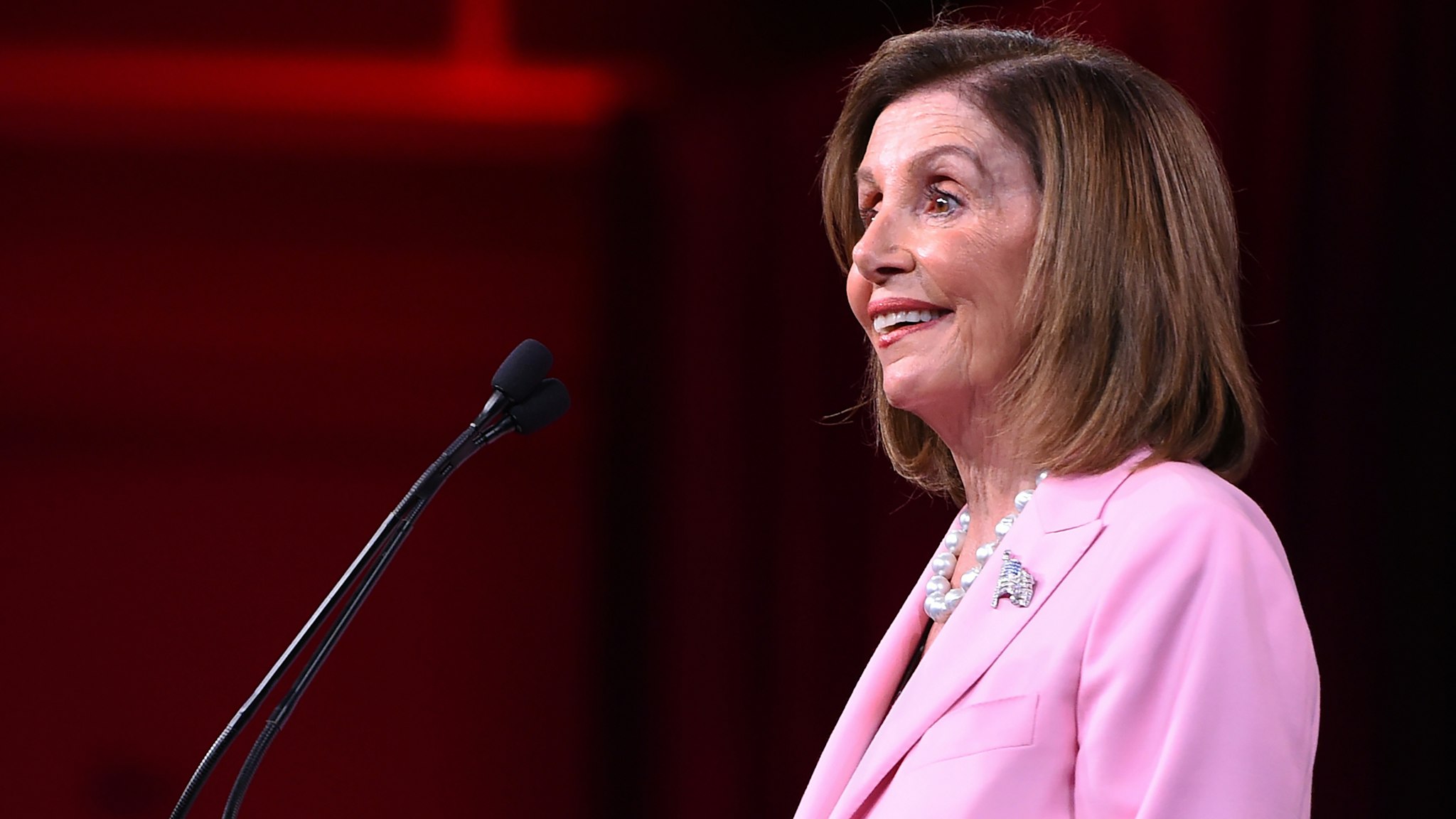 Speaker of the US House of Representatives Nancy Pelosi speaks on-stage during the Democratic National Committee's summer meeting in San Francisco, California on August 23, 2019.