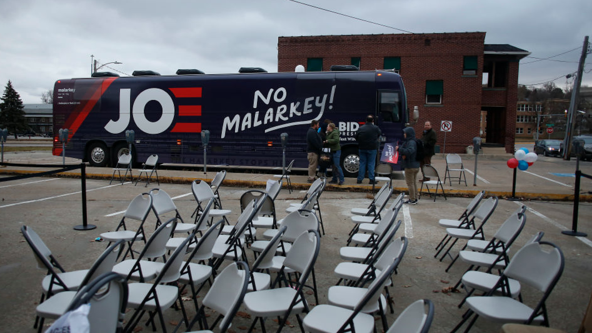 The bus of Democratic presidential candidate, former Vice President Joe Biden sits in a parking lot after a campaign event on November 30, 2019 in Council Bluffs, Iowa.