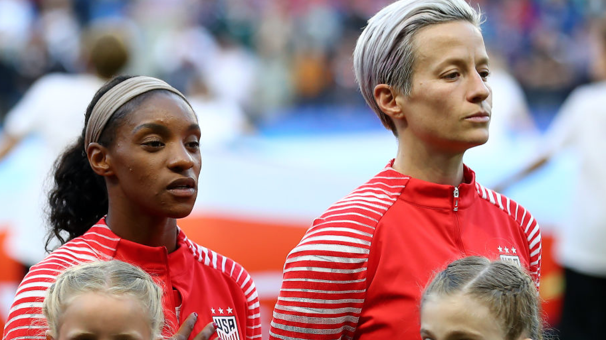 Megan Rapinoe of the USA refuses to sing the national anthem out of protest prior to the 2019 FIFA Women's World Cup France group F match between Sweden and USA at Stade Oceane on June 20, 2019 in Le Havre, France.