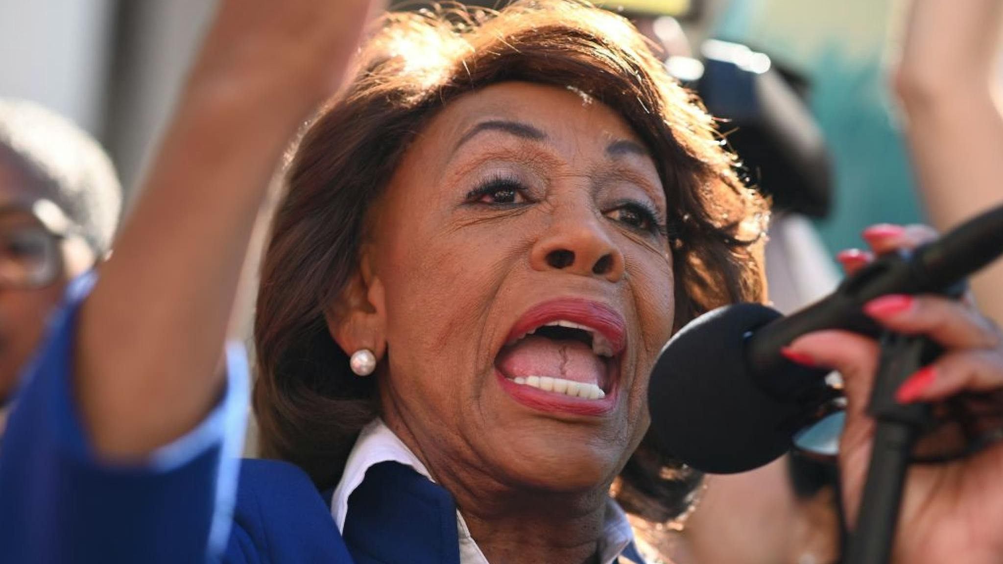 Rep. Maxine Waters (D-CA) .S. Rep. Maxine Waters (D-Calif.) speaks at a protest against U.S. President Donald Trump's National Emergency declaration, February 18, 2019, outside City Hall in Los Angeles, California.