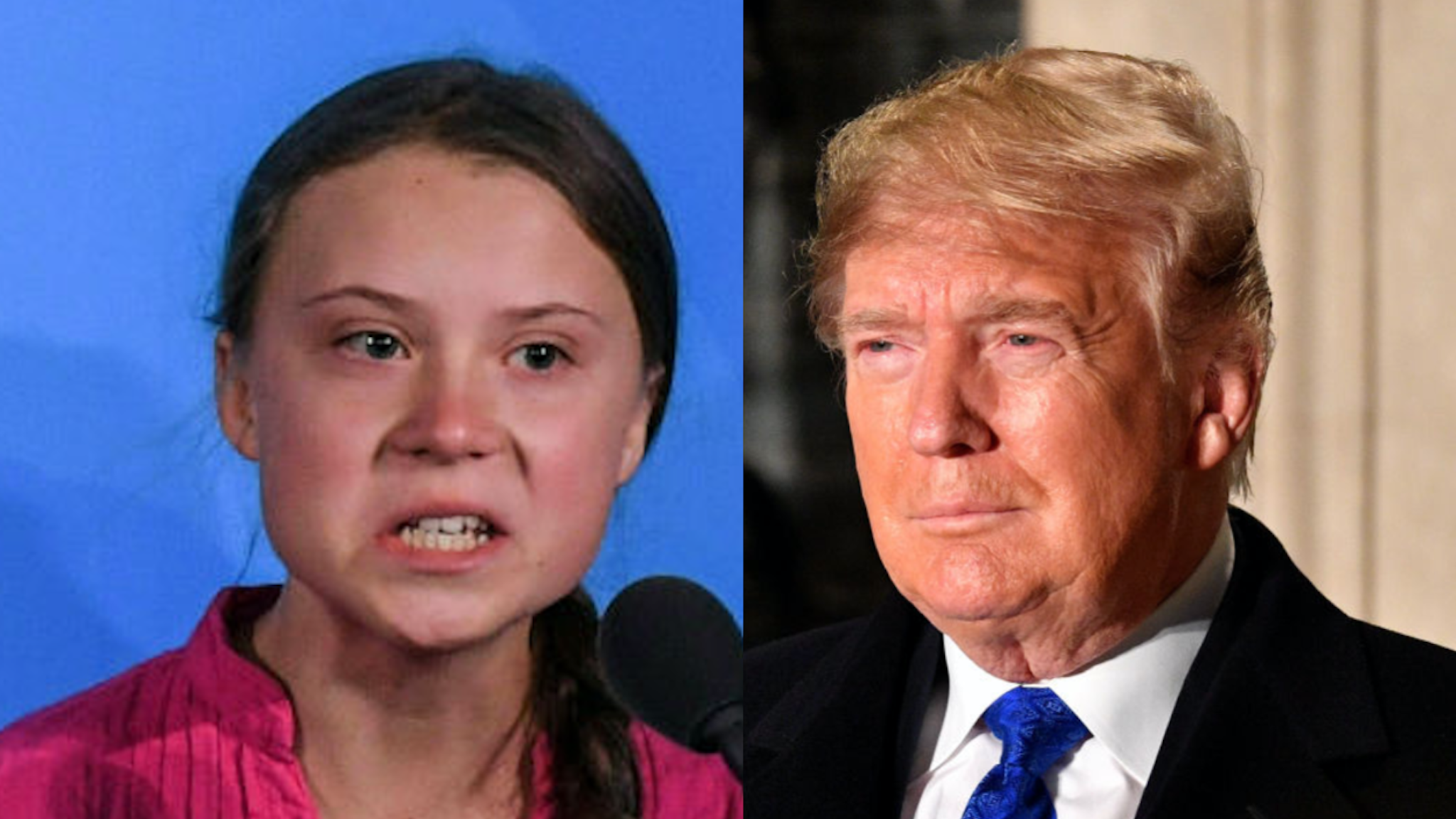 Youth Climate activist Greta Thunberg speaks during the UN Climate Action Summit on September 23, 2019 at the United Nations Headquarters in New York City. //US President Donald Trump arrives at number 10 Downing Street for a reception on December 3, 2019 in London, England.