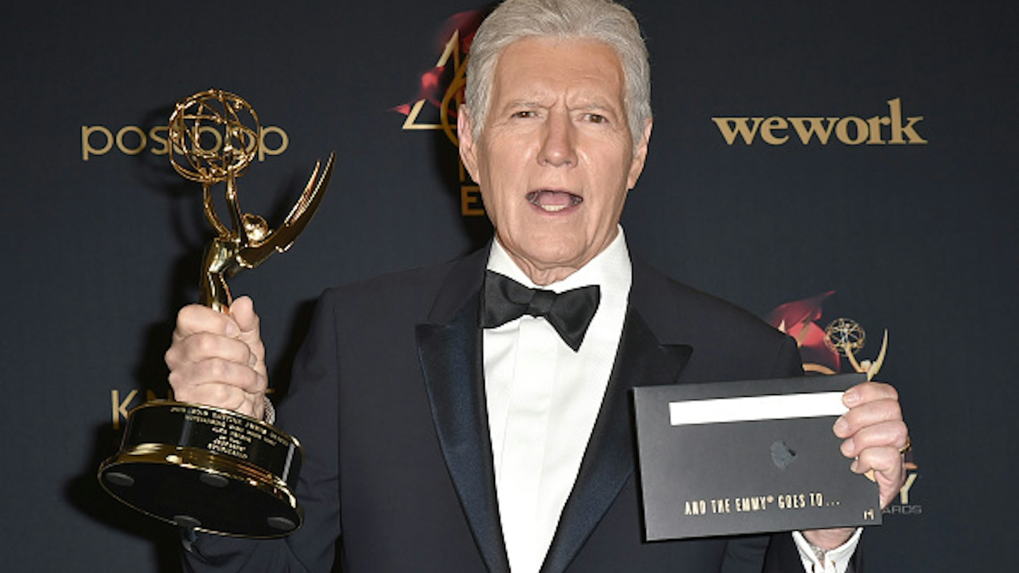 PASADENA, CALIFORNIA - MAY 05: Alex Trebek, winner of the Outstanding Game Show Host award, poses at the 46th Annual Daytime Emmy Awards - Press Room at Pasadena Civic Center on May 05, 2019 in Pasadena, California