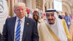 Trump Salman U.S. President Donald Trump (L) and Saudi Arabia's King Salman bin Abdulaziz Al Saud (R) attend the Arabic Islamic American Summit at King Abdul Aziz International Conference Center in Riyadh, Saudi Arabia on May 21, 2017. (Photo by Bandar Algaloud / Saudi Kingdom Council / Handout/Anadolu Agency/Getty Images)