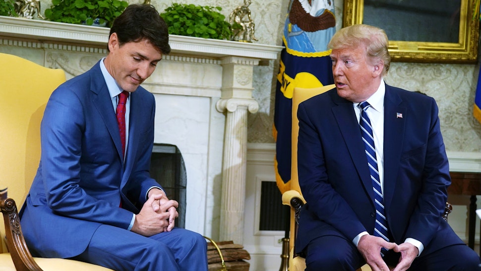 WASHINGTON, DC - JUNE 20: U.S. President Donald Trump meets with Canadian Prime Minister Justin Trudeau in the Oval Office of the White House June 20, 2019 in Washington, DC. The two leaders were expected to discuss the trade agreement between the U.S., Canada and Mexico.