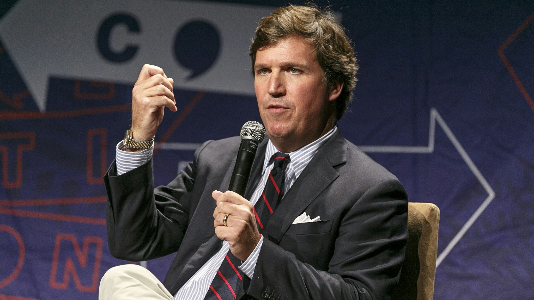 LOS ANGELES, CA - OCTOBER 21: Tucker Carlson speaks onstage during Politicon 2018 at Los Angeles Convention Center on October 21, 2018 in Los Angeles, California.