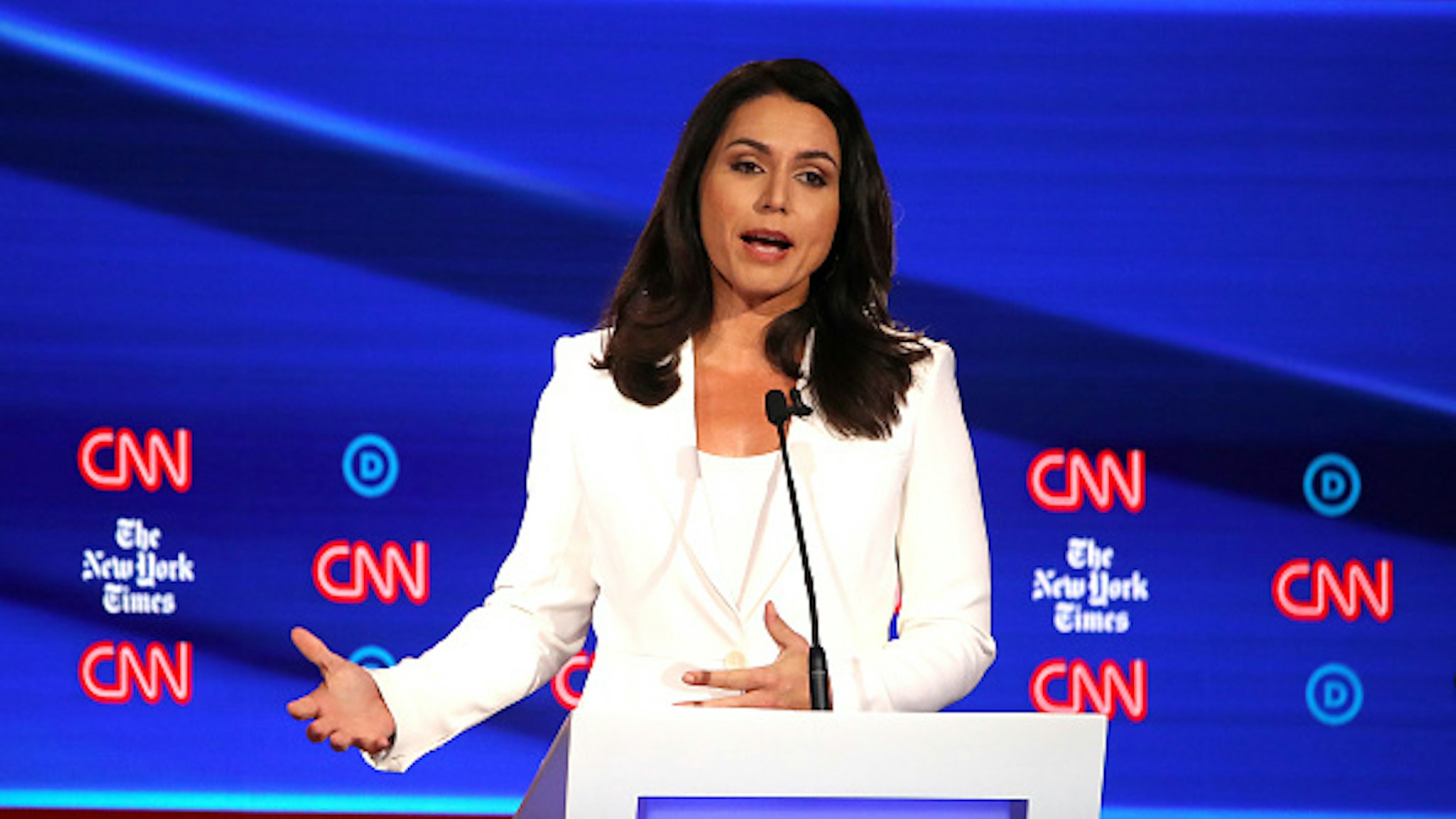WESTERVILLE, OHIO - OCTOBER 15: Rep. Tulsi Gabbard (D-HI) speaks during the Democratic Presidential Debate at Otterbein University on October 15, 2019 in Westerville, Ohio. A record 12 presidential hopefuls are participating in the debate hosted by CNN and The New York Times.