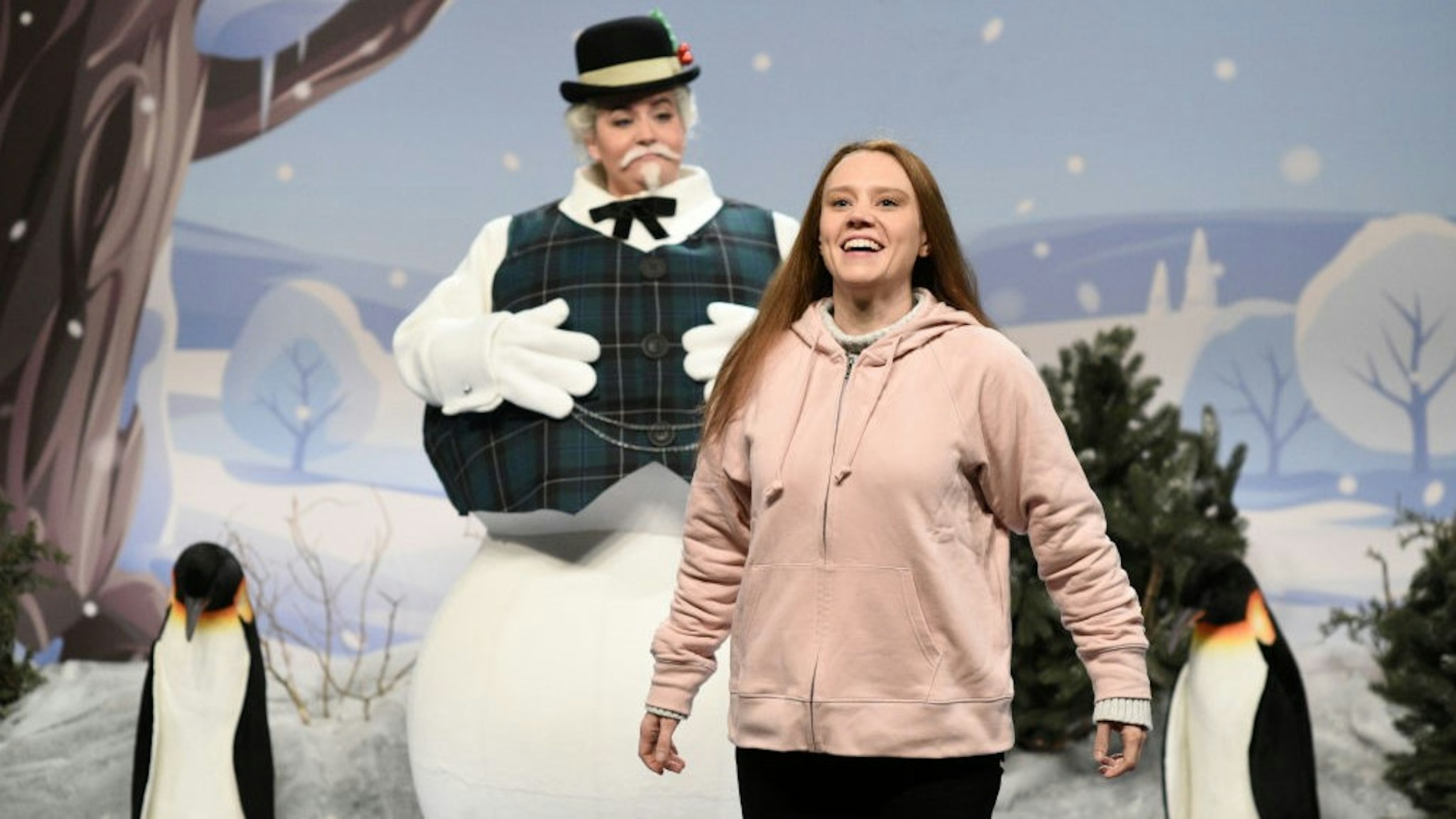 Aidy Bryant as a snowman and Kate McKinnon as Greta Thunberg during the "American Households" Cold Open on Saturday, December 14, 2019