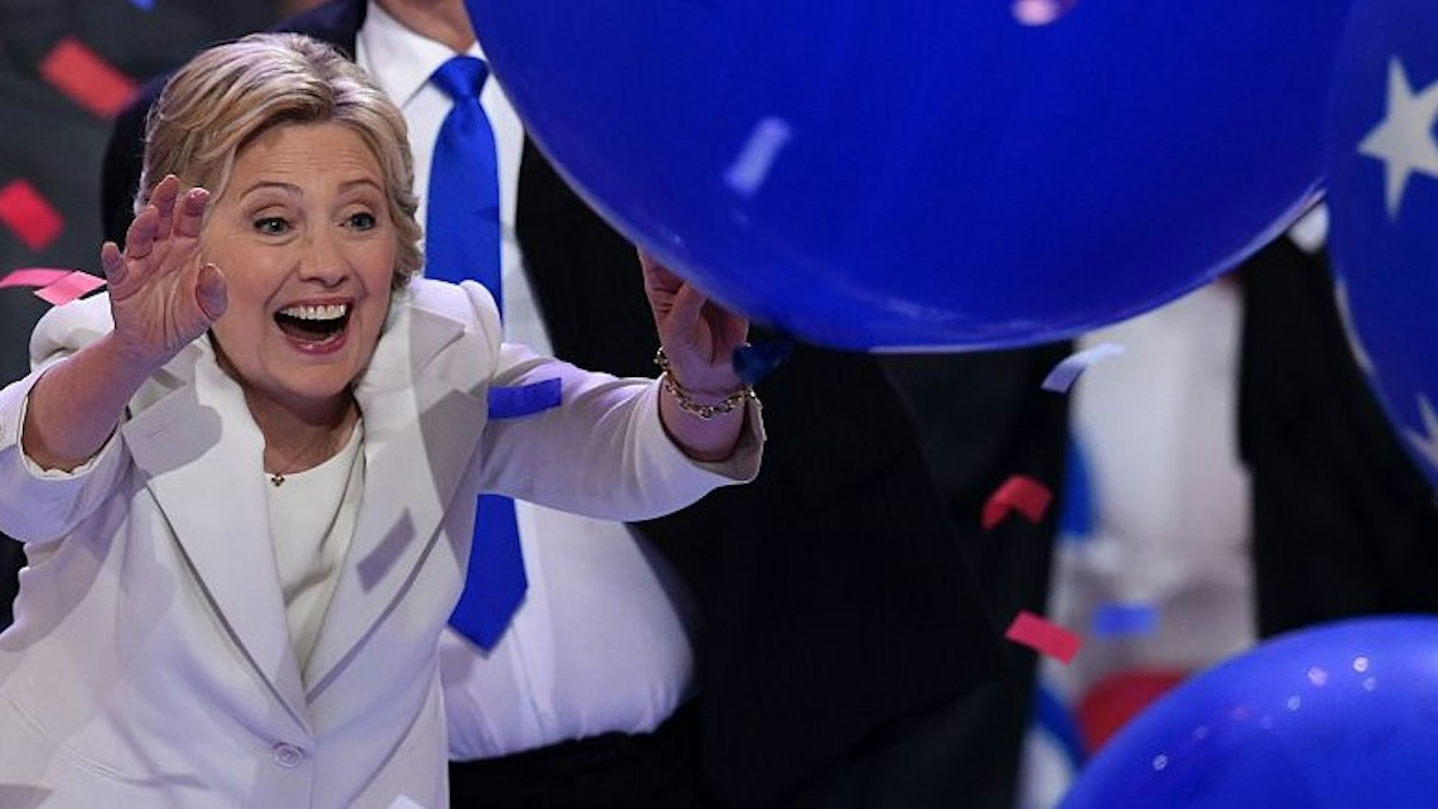 Balloons descend as Democratic presidential nominee Hillary Clinton celebrates on the fourth and final night of the Democratic National Convention at Wells Fargo Center on July 28, 2016 in Philadelphia, Pennsylvania