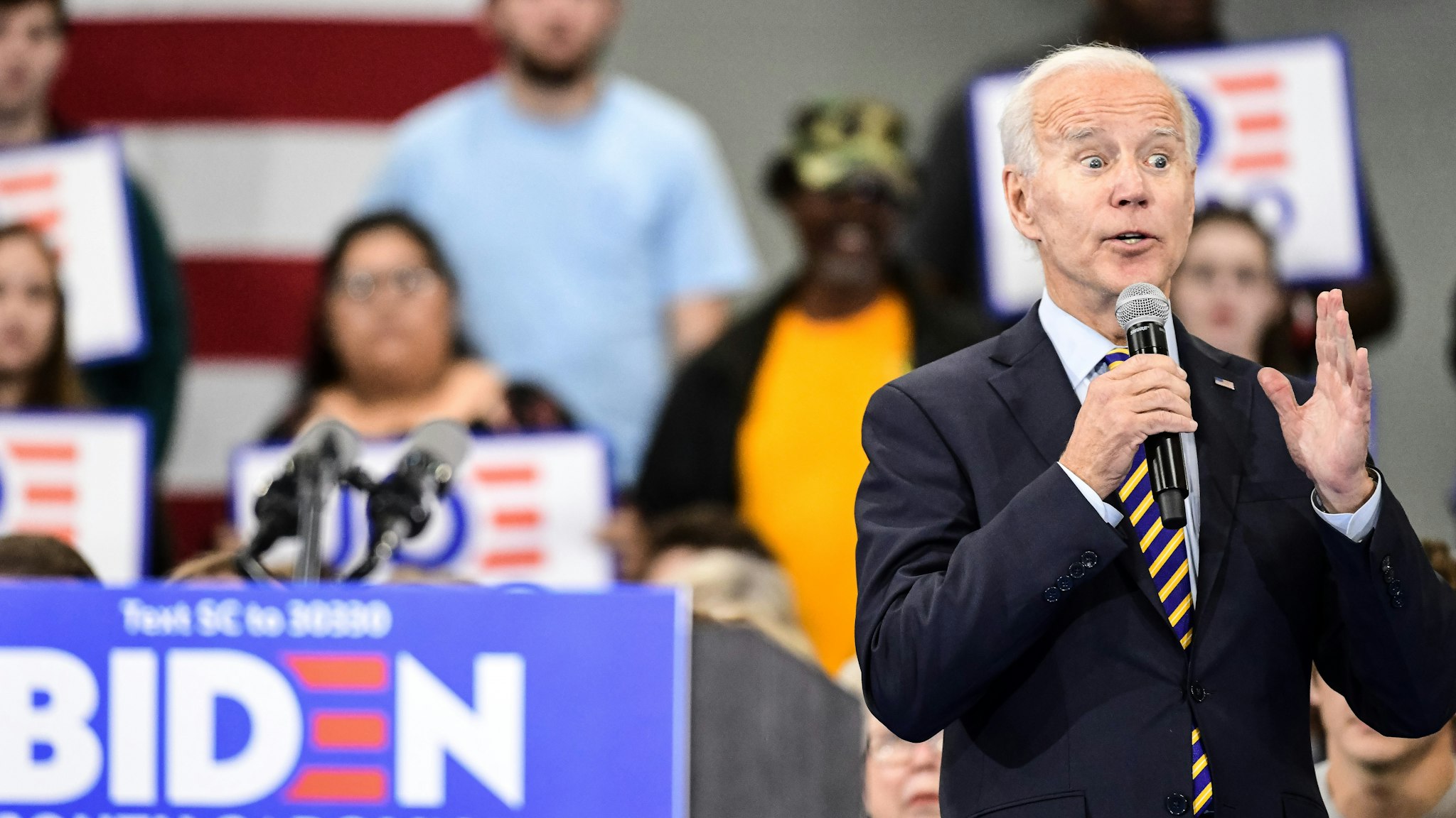 Democratic presidential candidate, former vice President Joe Biden speaks to the audience during a town hall on November 21, 2019 in Greenwood, South Carolina. Polls show Biden with a commanding lead in the early primary state.