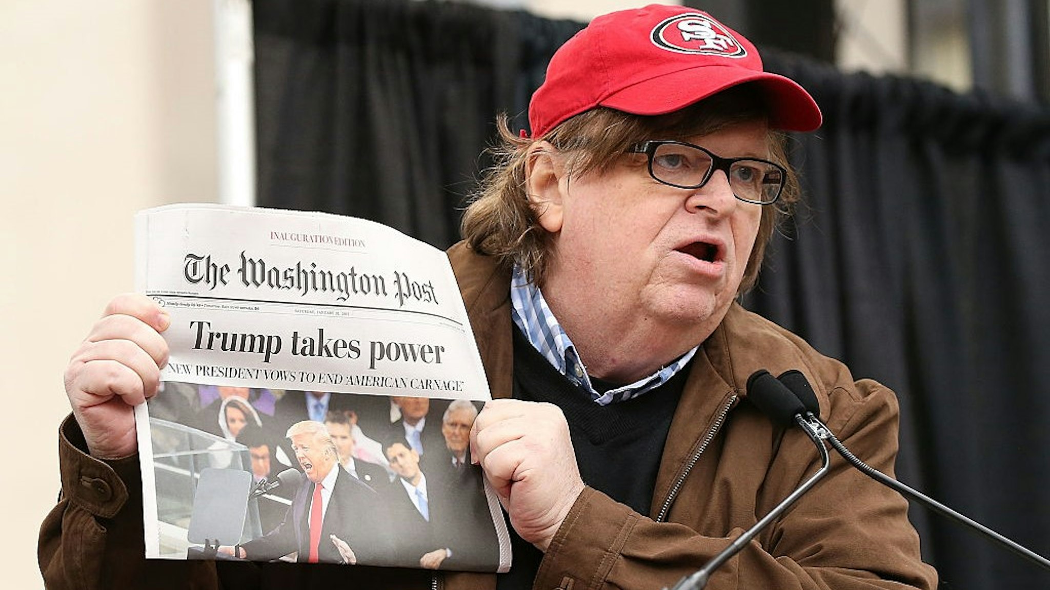Michael Moore speaks at the rally at the Women's March on Washington on January 21, 2017 in Washington, DC.