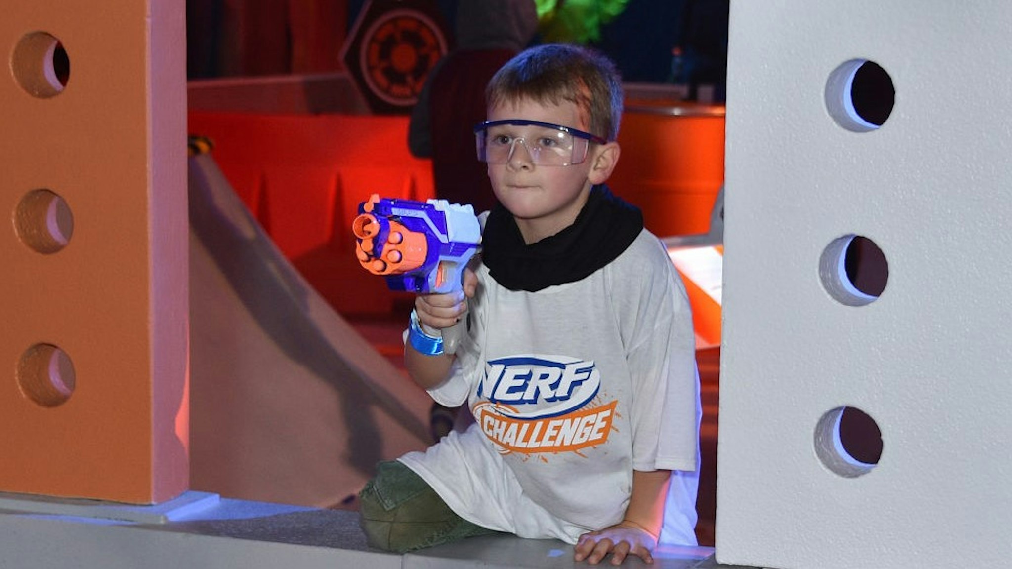 LOS ANGELES, CALIFORNIA - DECEMBER 5: A young guest attends the NERF Challenge World Premiere at L.A. Live Event Deck on December 5, 2019 in Los Angeles, California. NERF Challenge is a touring live stage and fan experience that brings the action and competitive fun of the NERF brand to life, and will travel across select US and Canada markets in 2020 following its Los Angeles run.