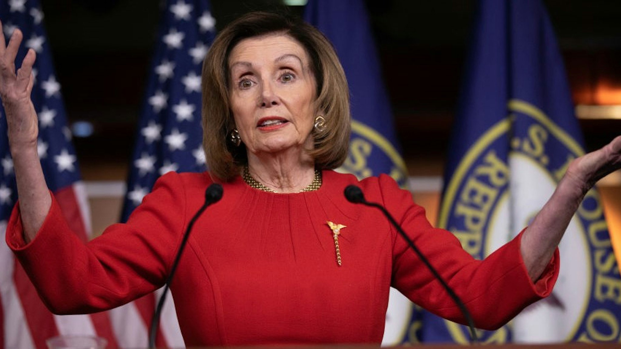 U.S. House Speaker Nancy Pelosi (D-CA) talks about the remaining legislative business and the House of Representatives vote to impeach U.S. President Donald Trump during her final weekly news conference of 2019 at the U.S. Capitol in Washington, U.S., December 19, 2019.
