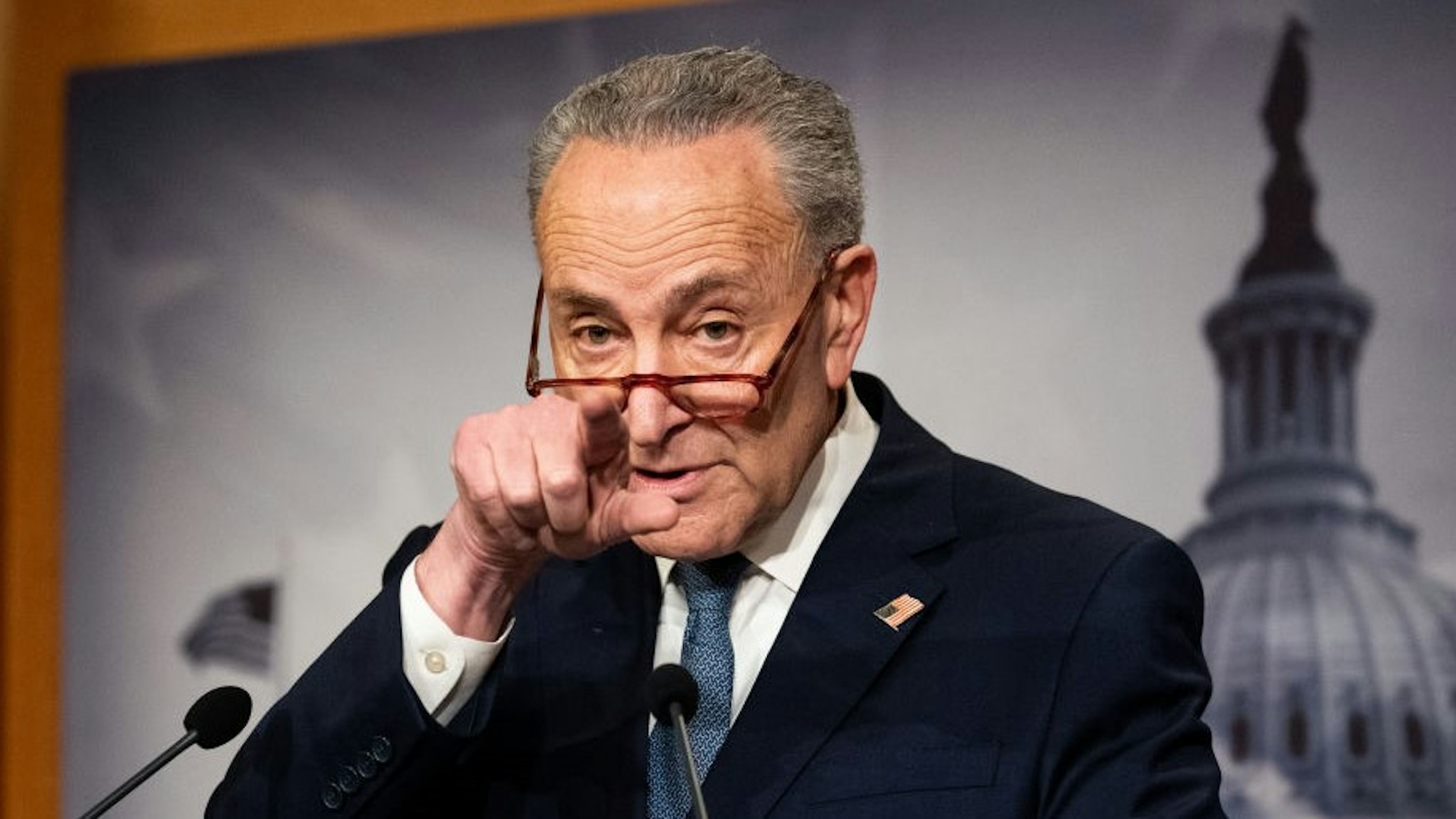 WASHINGTON, UNITED STATES - DECEMBER 16 2019: U.S. Senator Chuck Schumer (D-NY) speaks at a press conference about a proposed structure for the upcoming impeachment trial in Washington, DC.- PHOTOGRAPH BY Michael Brochstein / Echoes Wire/ Barcroft Media