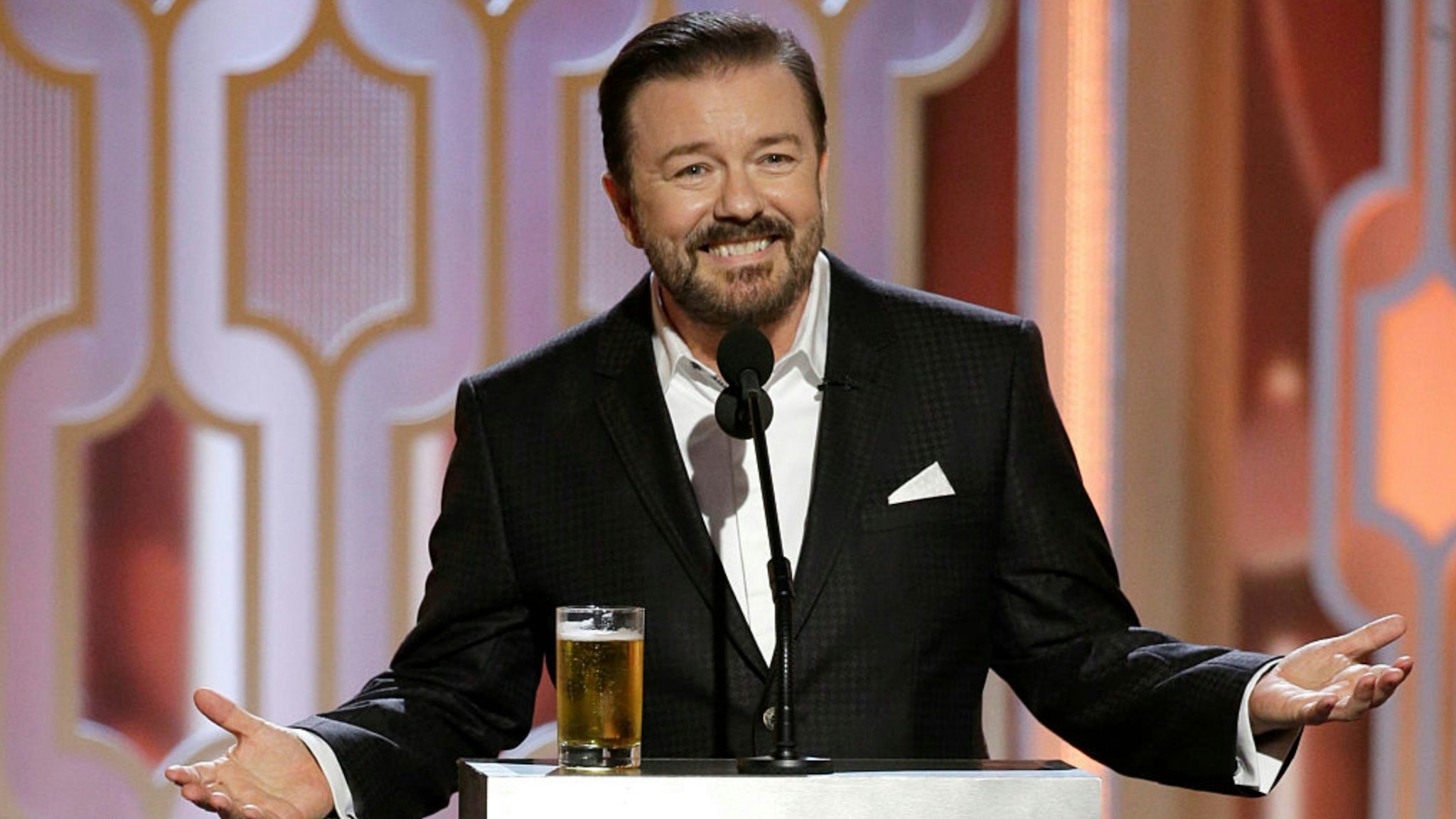In this handout photo provided by NBCUniversal, Host Ricky Gervais speaks onstage during the 73rd Annual Golden Globe Awards at The Beverly Hilton Hotel on January 10, 2016 in Beverly Hills, California.