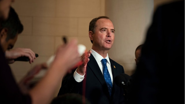 House Intelligence Committee Chairman Adam Schiff (D-CA) talks to the media during a break in testimony by Gordon Sondland, the U.S ambassador to the European Union, before the House Intelligence Committee in the Longworth House Office Building on Capitol Hill November 20, 2019 in Washington, DC.