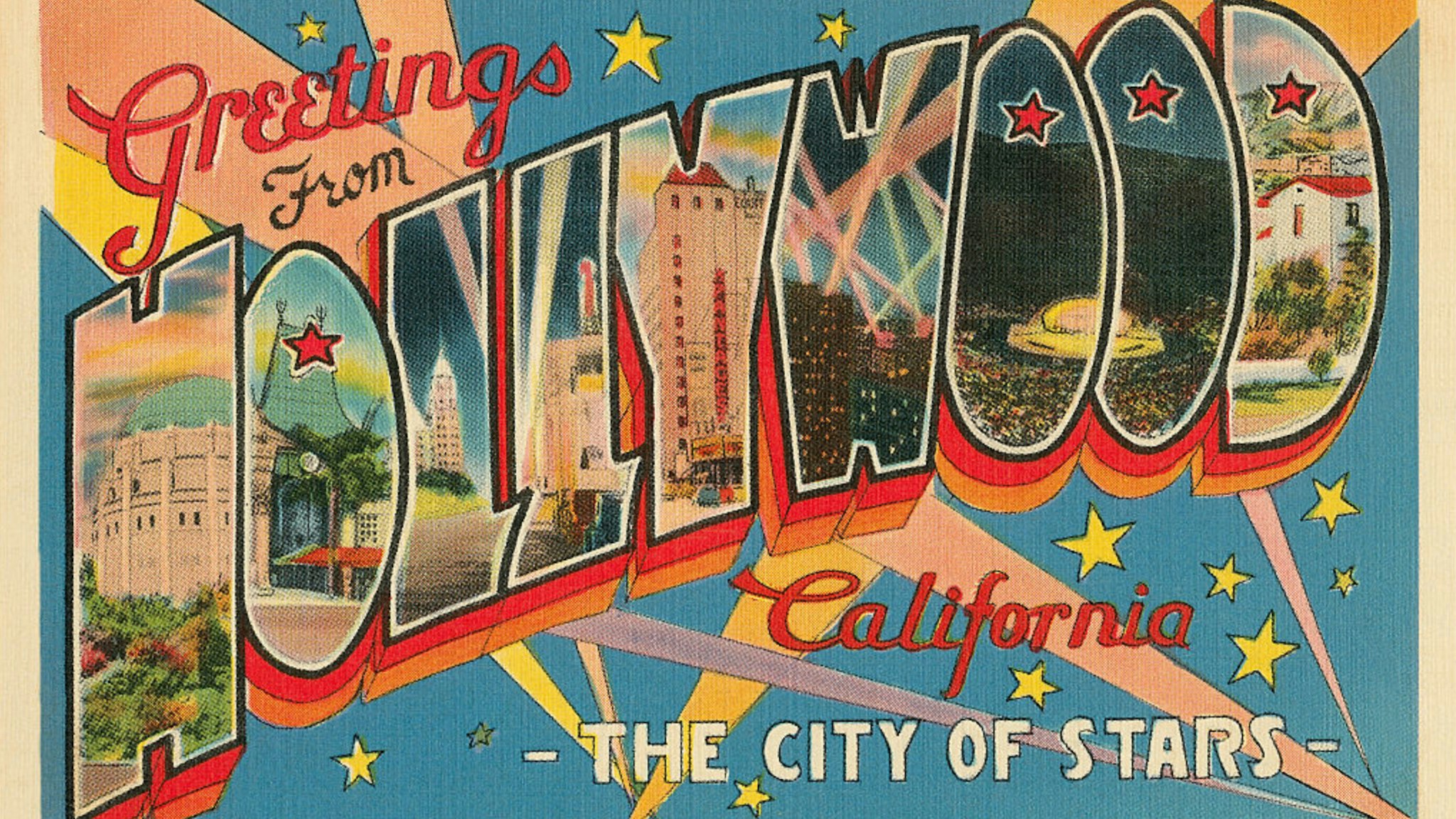 Vintage illustration of Greetings from Hollywood, California large letter vintage postcard, 1930s.