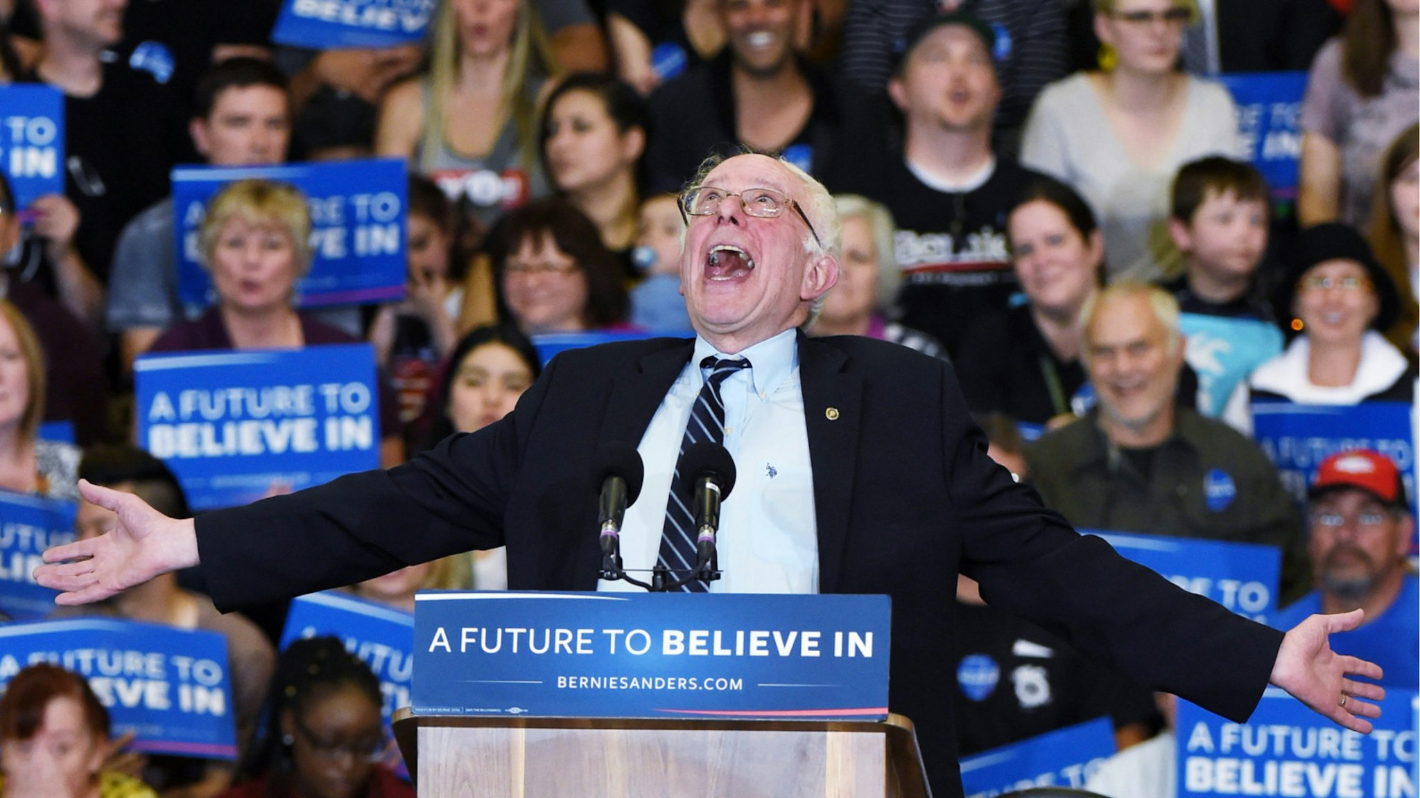 Democratic presidential candidate Sen. Bernie Sanders (D-VT) jokes around as he speaks during a campaign rally at Bonanza High School on February 14, 2016 in Las Vegas, Nevada.