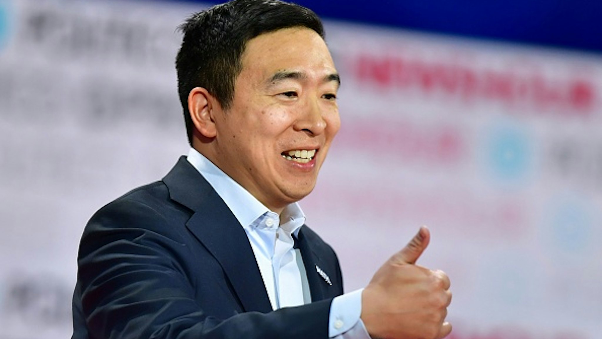 Democratic presidential hopeful entrepreneur Andrew Yang gestures during the sixth Democratic primary debate of the 2020 presidential campaign season co-hosted by PBS NewsHour &amp; Politico at Loyola Marymount University in Los Angeles, California on December 19, 2019.