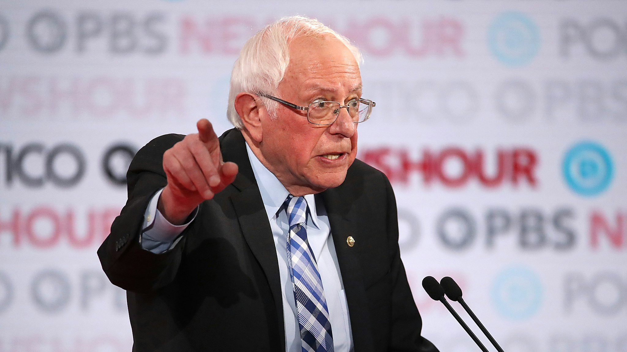 LOS ANGELES, CALIFORNIA - DECEMBER 19: Sen. Bernie Sanders (I-VT) points during the Democratic presidential primary debate at Loyola Marymount University on December 19, 2019 in Los Angeles, California. Seven candidates out of the crowded field qualified for the 6th and last Democratic presidential primary debate of 2019 hosted by PBS NewsHour and Politico.