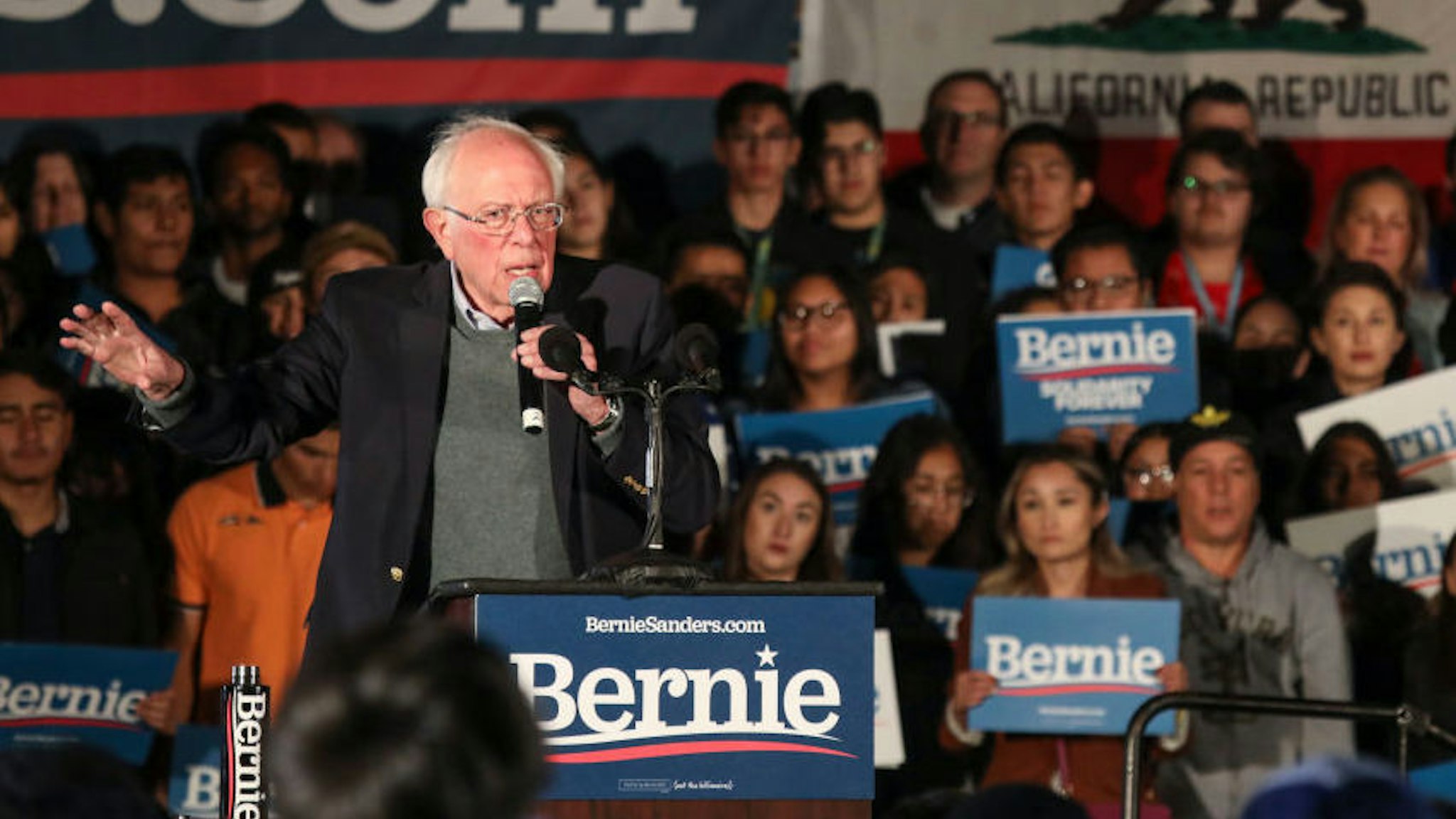 Democratic presidential hopeful Vermont Senator Bernie Sanders Speaks to supporters at an Immigration Town Hall in San Ysidro, California on December 20, 2019 at San Ysidro High School. (Photo by Sandy Huffaker / AFP)