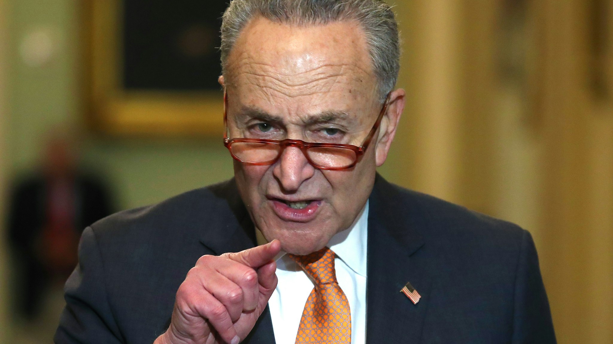 WASHINGTON, DC - DECEMBER 17: Senate Minority Leader Charles Schumer (D-NY) speaks to the media after attending the Senate Democrats policy luncheon on Capitol Hill, on December 17, 2019m in Washington, DC. Leader Schumer spoke about his request to have witnesses at the Senate Impeachment trial of U.S. President Donald Trump.