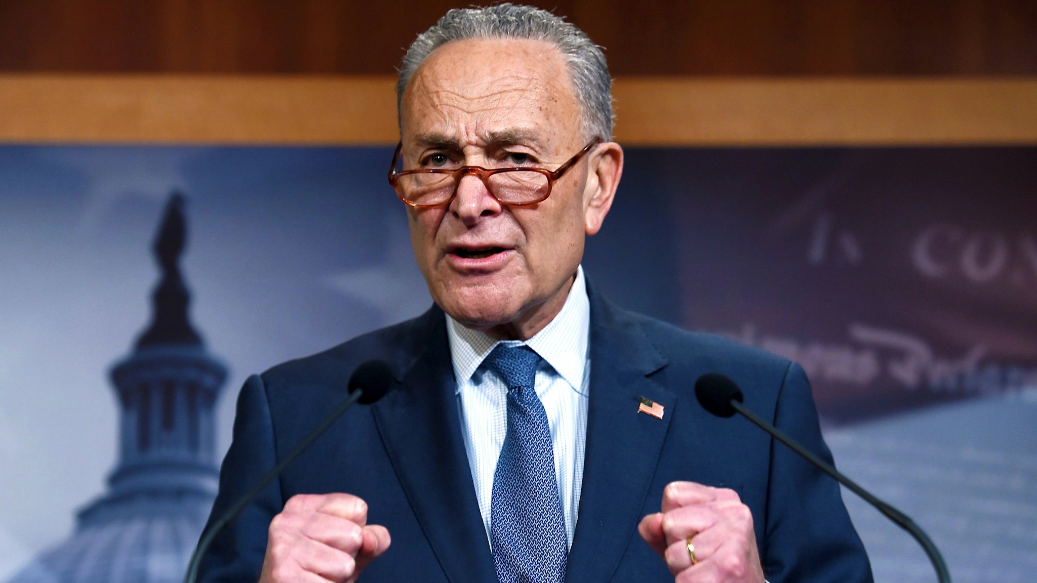 Senate Minority Leader Chuck Schumer (D-NY), speaks about the the Senate Impeachment trial at the Capitol, January 16, 2020, in Washington, DC. - Members of the US Senate were sworn in on January 16 to serve as jurors at the historic impeachment trial of President Donald Trump.